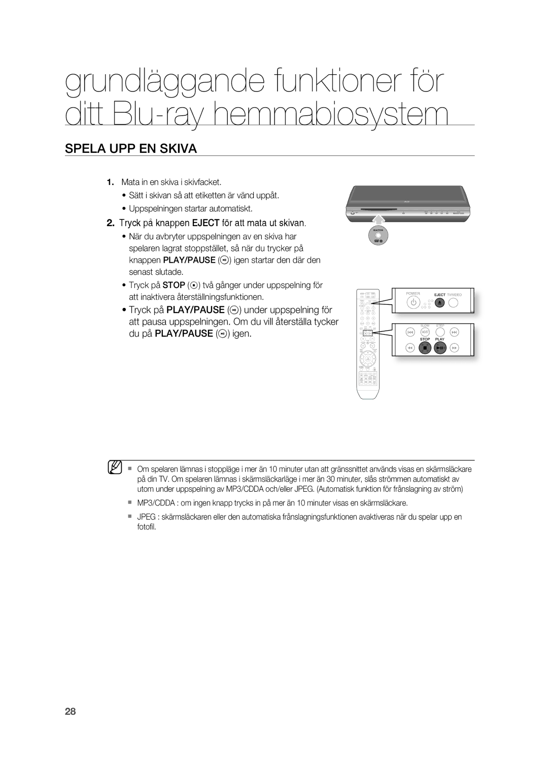 Samsung HT-BD2ER/XEE, HT-BD2R/XEE manual Spela UPP EN Skiva, . Tryck på knappen Eject för att mata ut skivan 