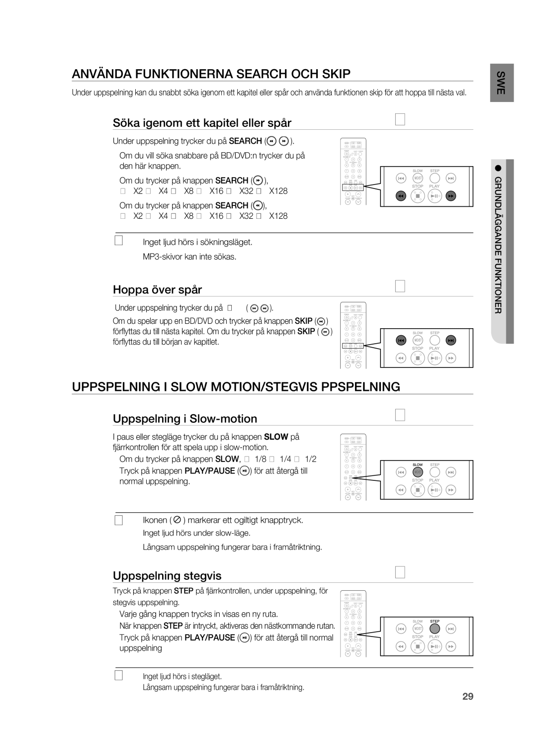 Samsung HT-BD2R/XEE, HT-BD2ER/XEE manual ANVäNDA Funktionerna Search OCH Skip, UPPSPELNINg I Slow MOTION/STEgVIS PPSPELNINg 