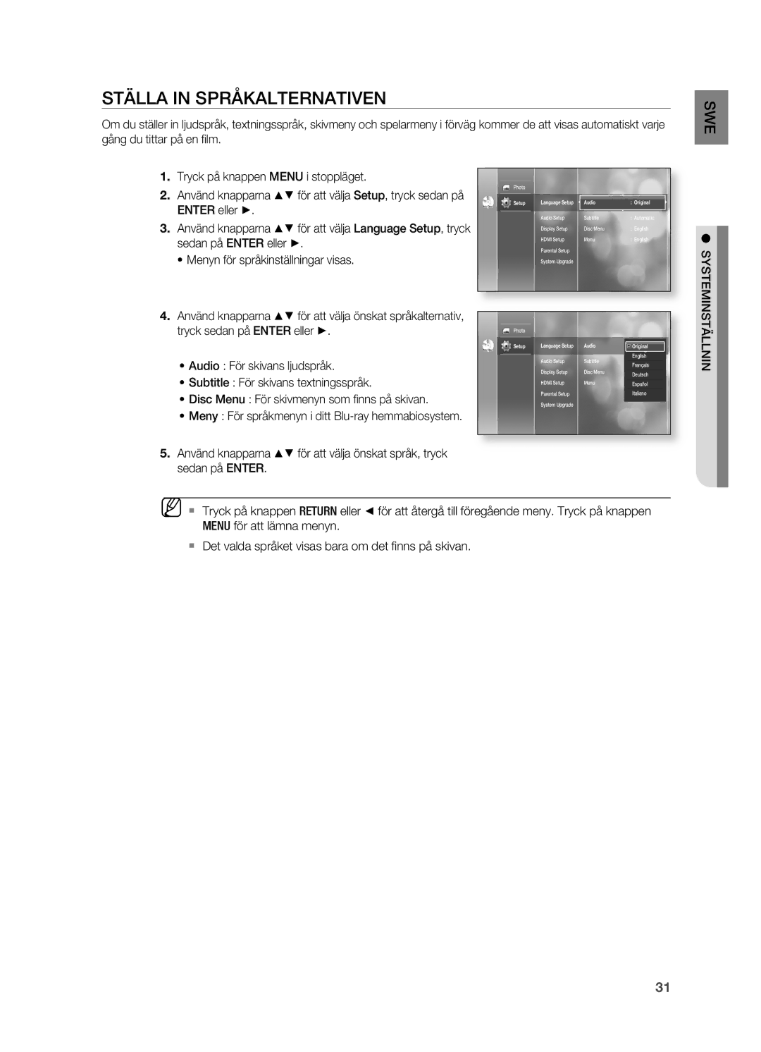 Samsung HT-BD2R/XEE, HT-BD2ER/XEE manual STäLLA in SPRåKALTERNATIVEN, Setup, Audio Original 