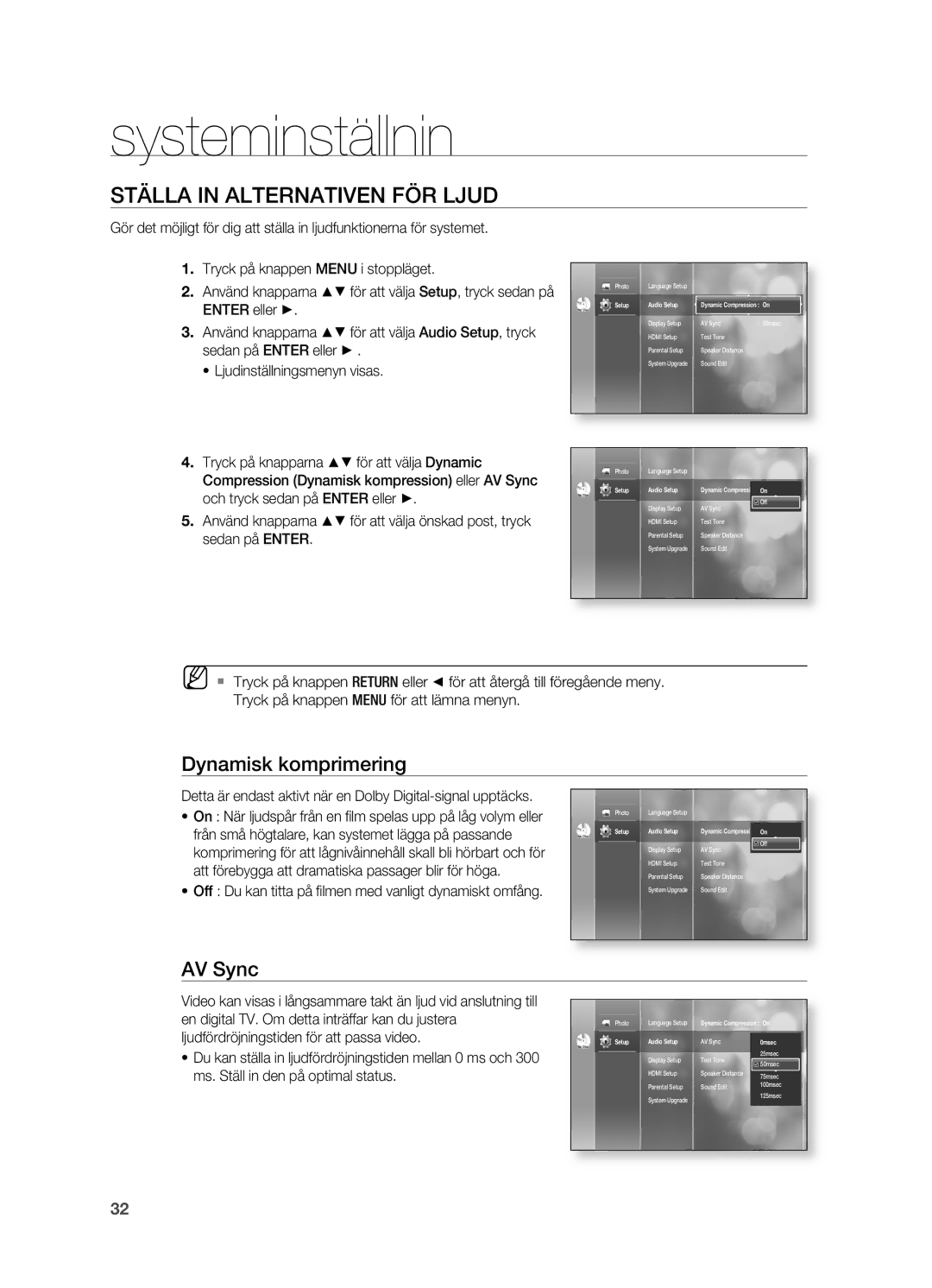 Samsung HT-BD2ER/XEE, HT-BD2R/XEE manual STäLLA in Alternativen FÖR Ljud, Dynamisk komprimering, AV Sync 