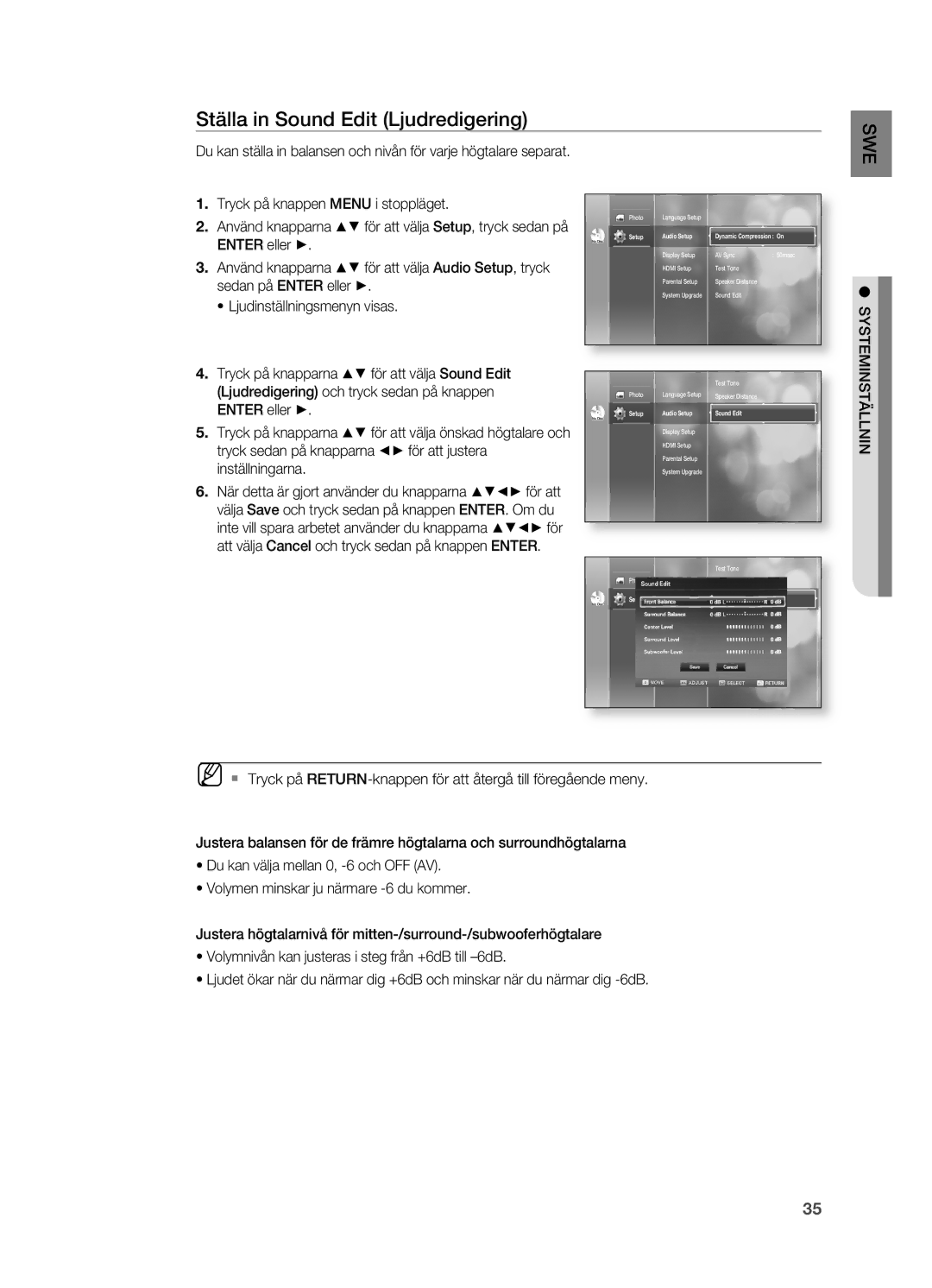 Samsung HT-BD2R/XEE, HT-BD2ER/XEE manual Ställa in Sound Edit Ljudredigering 