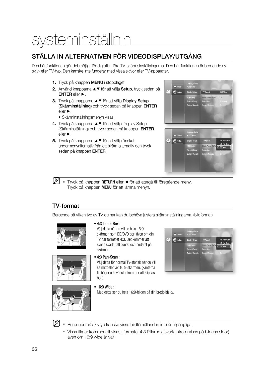 Samsung HT-BD2ER/XEE, HT-BD2R/XEE manual STäLLA in Alternativen FÖR VIDEODISPLAY/UTgåNg, TV-format, Pan-Scan 