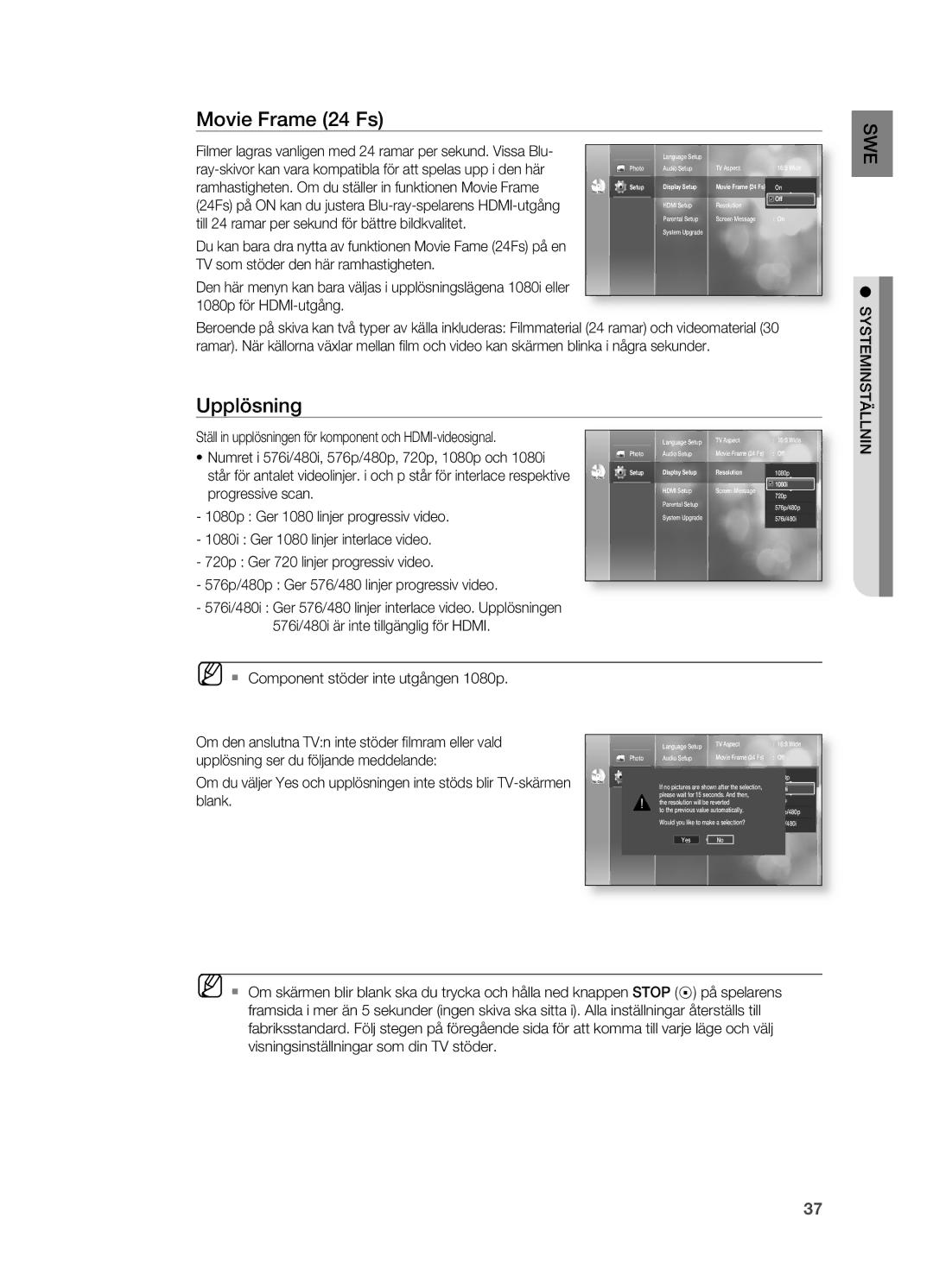 Samsung HT-BD2R/XEE, HT-BD2ER/XEE manual Movie Frame 24 Fs, Upplösning 