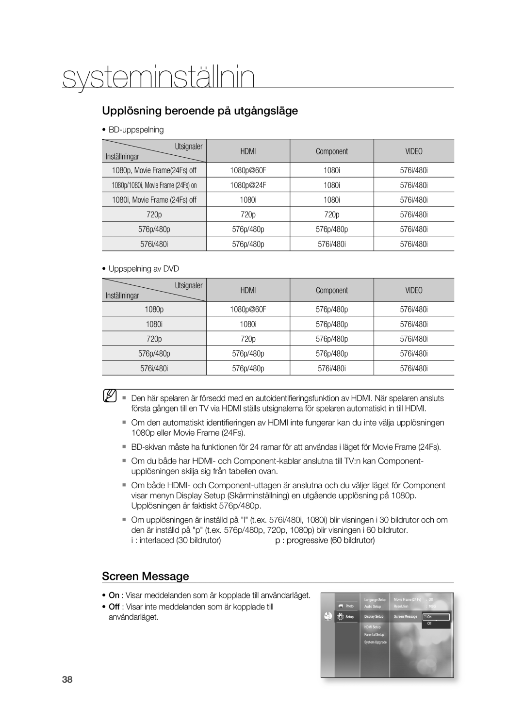 Samsung HT-BD2ER/XEE, HT-BD2R/XEE manual Upplösning beroende på utgångsläge, Screen Message, Video, Användarläget 