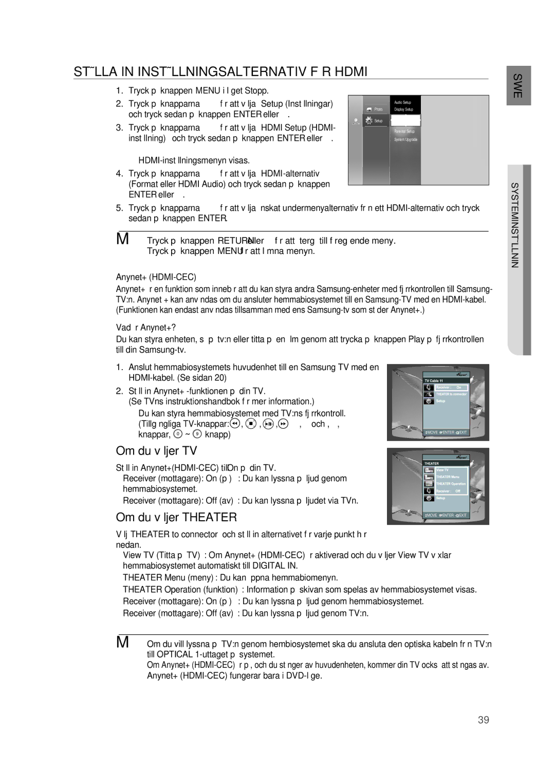 Samsung HT-BD2R/XEE, HT-BD2ER/XEE manual STäLLA in INSTäLLNINgSALTERNATIV FÖR Hdmi, Om du väljer TV, Om du väljer Theater 