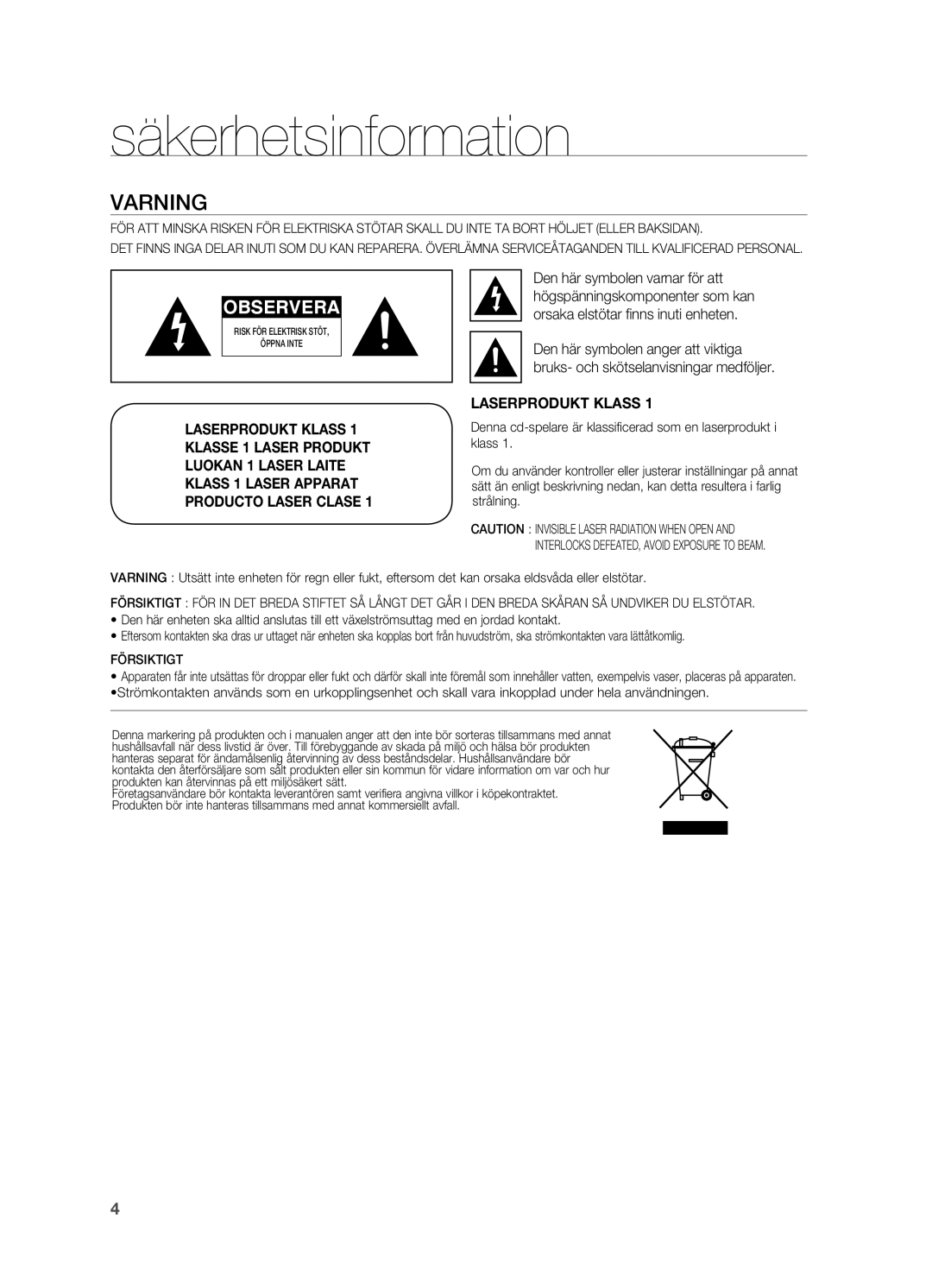 Samsung HT-BD2ER/XEE, HT-BD2R/XEE manual Säkerhetsinformation, Varning 