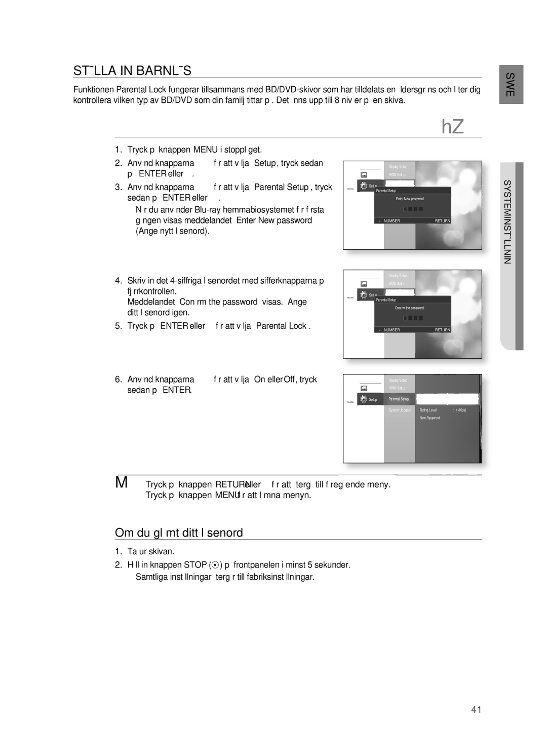 Samsung HT-BD2R/XEE, HT-BD2ER/XEE manual STäLLA in BARNLåS, Om du glömt ditt lösenord, SYSTEMINSTäLLNIN, Sedan på Enter 