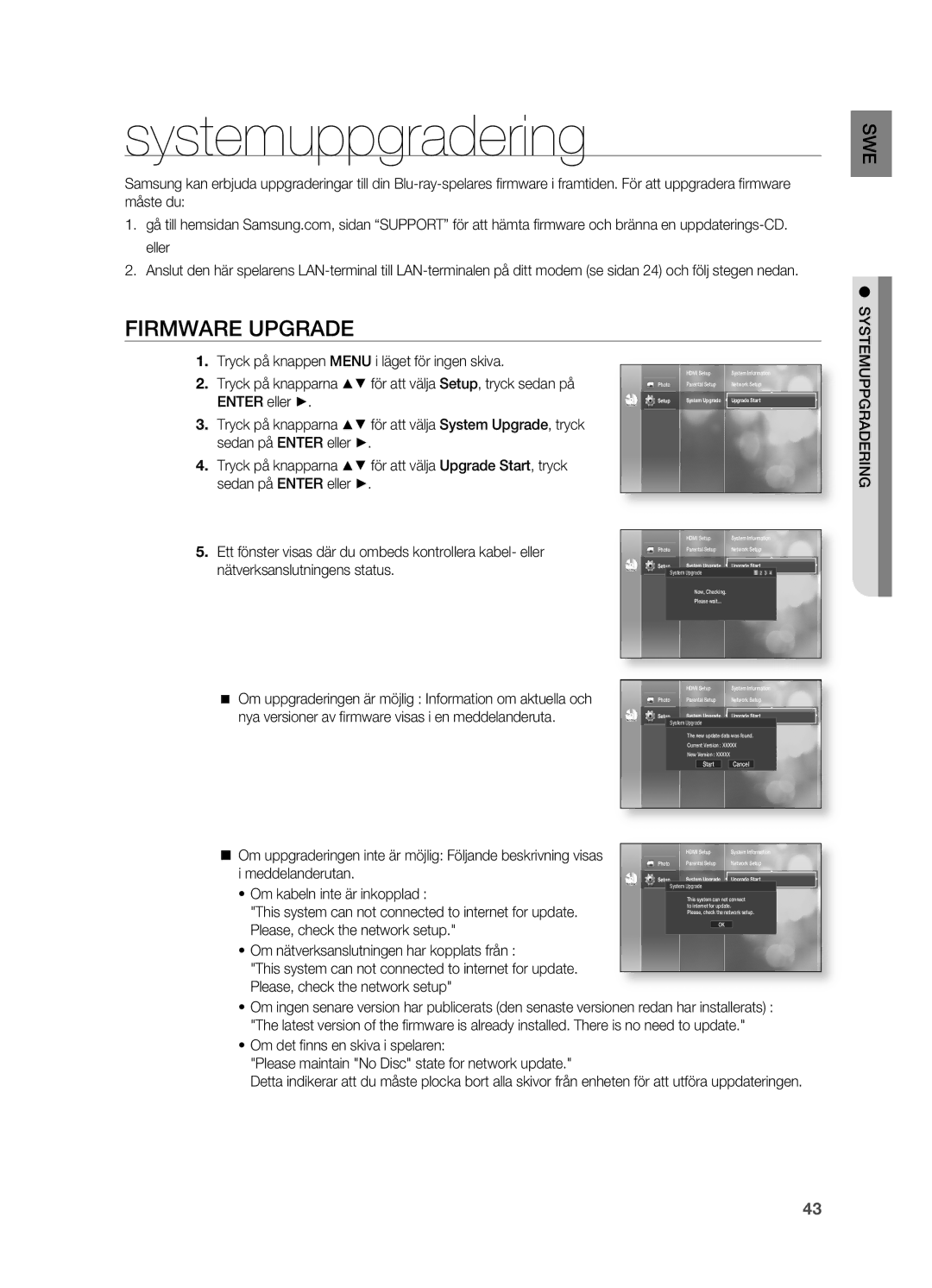 Samsung HT-BD2R/XEE, HT-BD2ER/XEE manual Systemuppgradering, Firmware Upgrade 