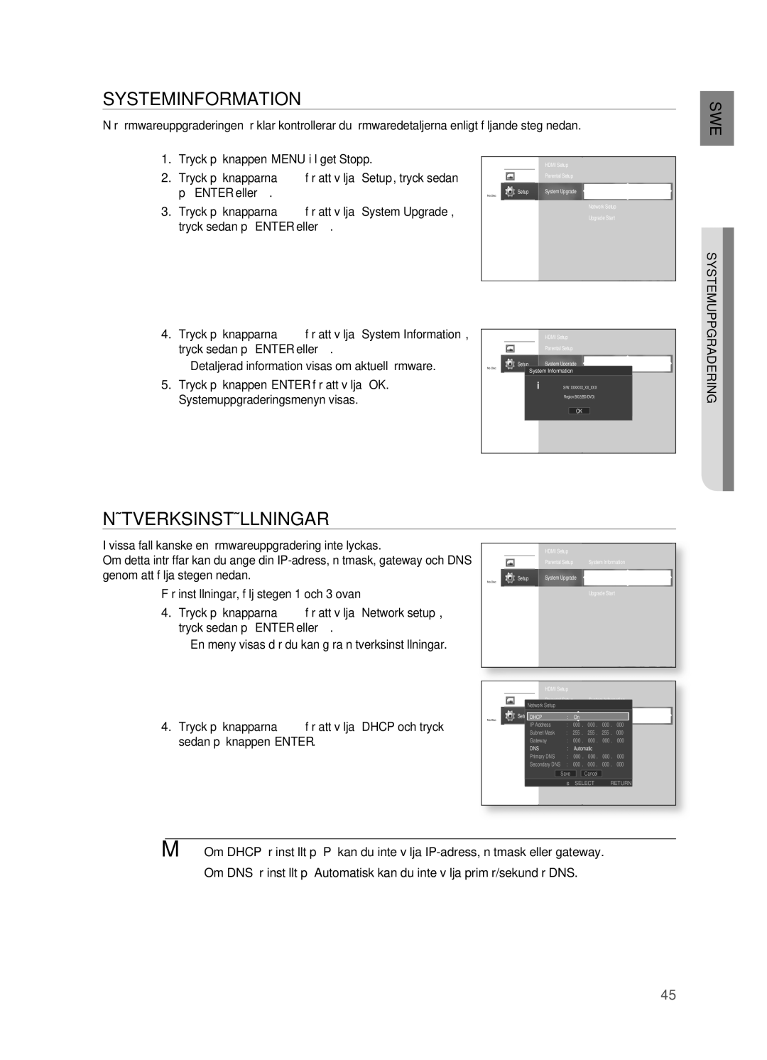 Samsung HT-BD2R/XEE, HT-BD2ER/XEE manual Systeminformation, NäTVERKSINSTäLLNINgAR 