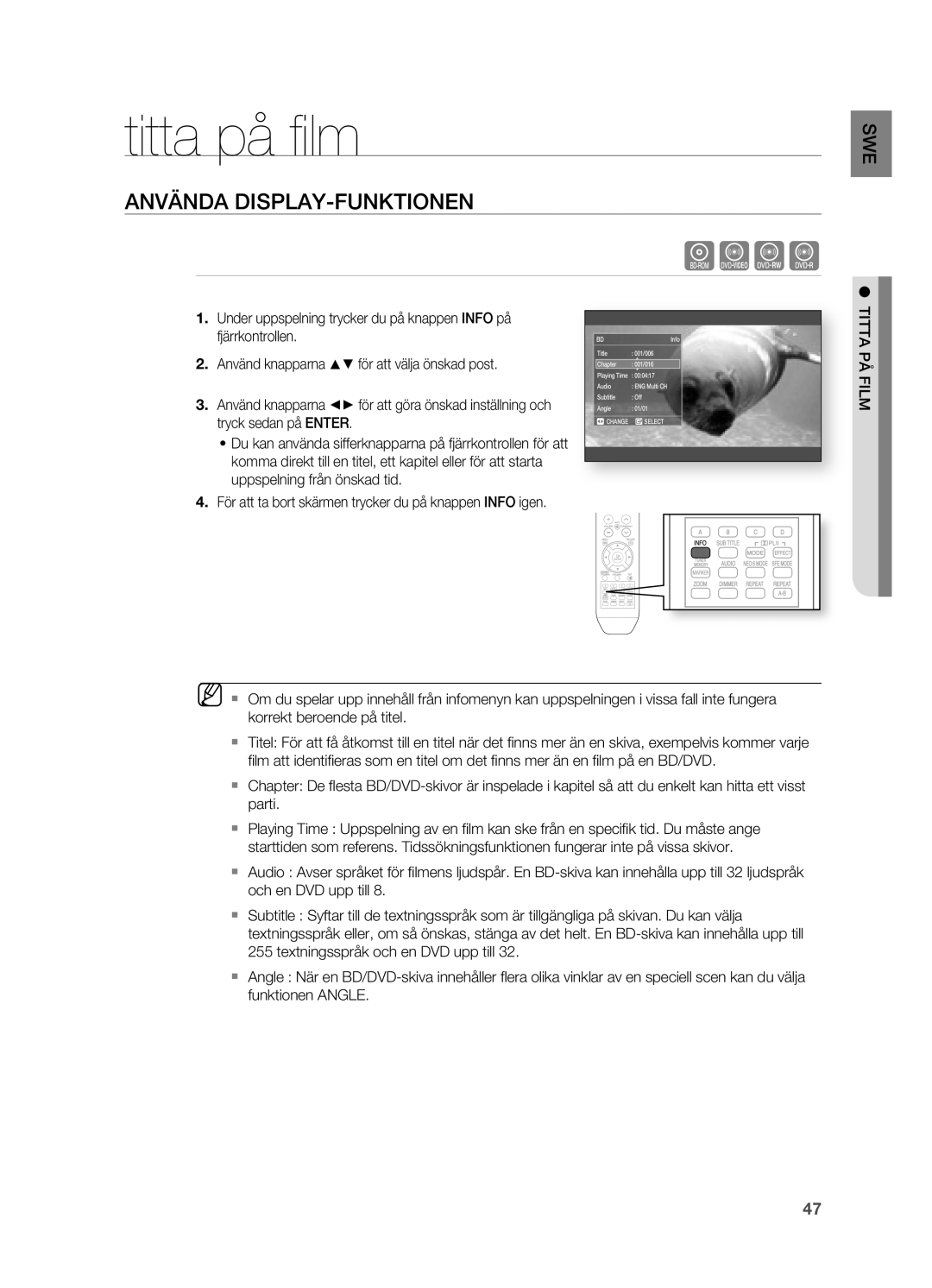 Samsung HT-BD2R/XEE, HT-BD2ER/XEE manual Titta på ﬁ lm, ANVäNDA DISPLAY-FUNKTIONEN 
