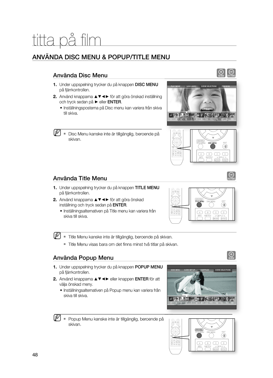 Samsung HT-BD2ER/XEE manual ANVäNDA Disc Menu & POPUP/TITLE Menu, Använda Disc Menu, Använda Title Menu, Använda Popup Menu 