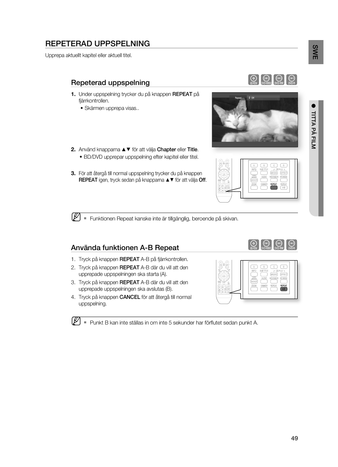 Samsung HT-BD2R/XEE manual Repeterad UPPSPELNINg, Repeterad uppspelning, Använda funktionen A-B Repeat, Fjärrkontrollen 