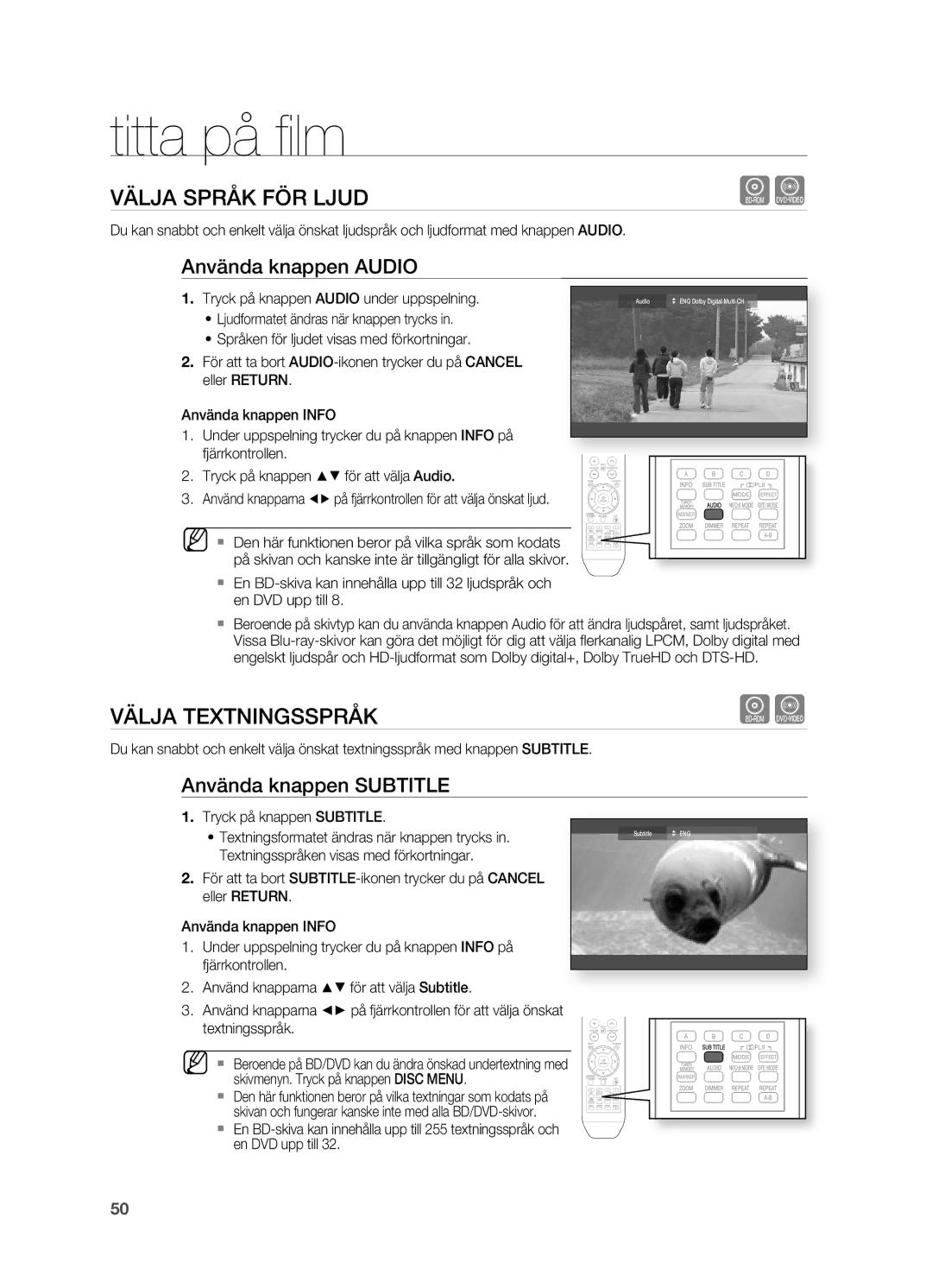 Samsung HT-BD2ER/XEE manual VäLJA SPRåK FÖR Ljud, VäLJA TEXTNINgSSPRåK, Använda knappen Audio, Använda knappen Subtitle 