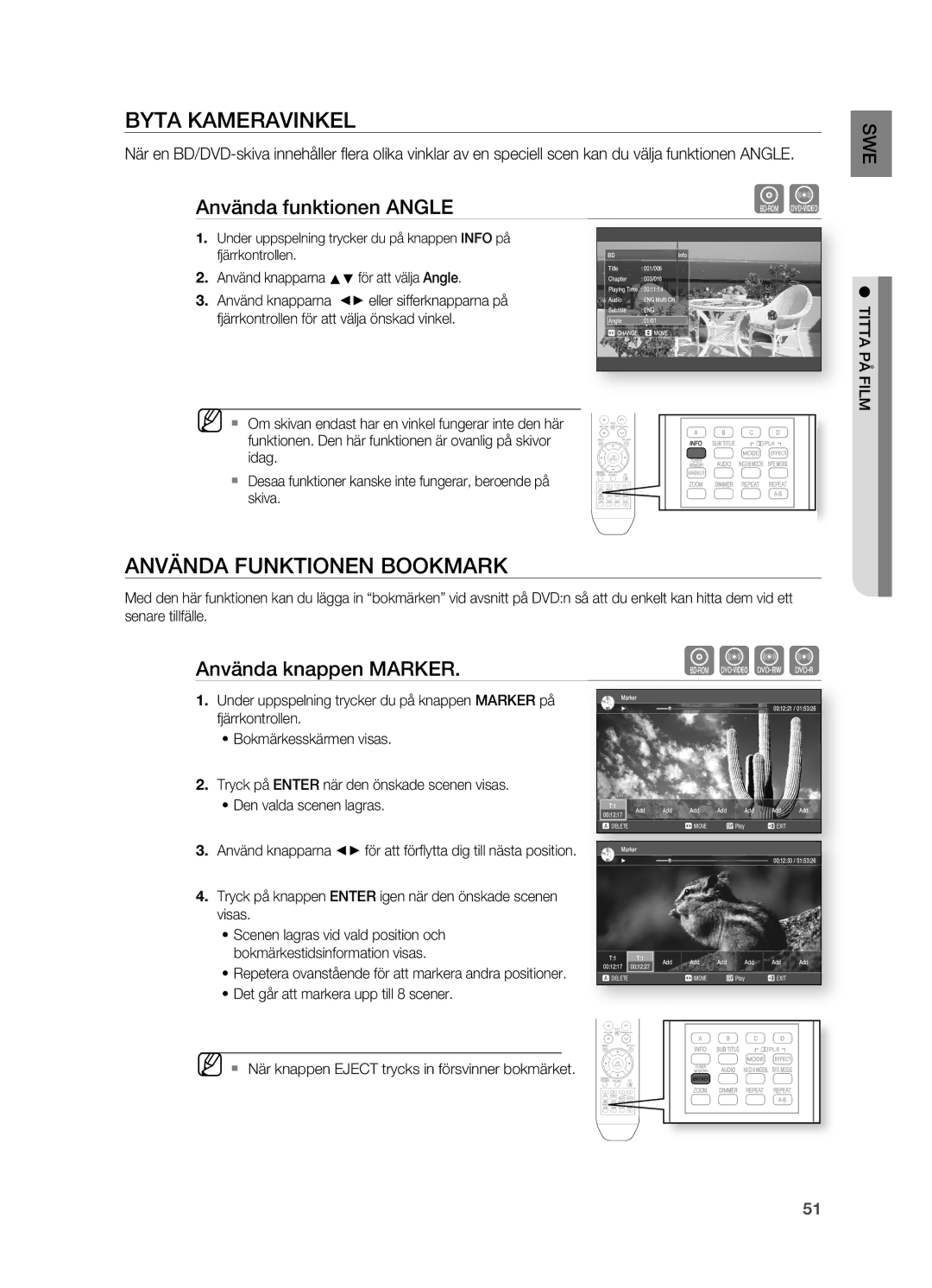 Samsung HT-BD2R/XEE manual Byta Kameravinkel, ANVäNDA Funktionen Bookmark, Använda funktionen ANgLE, Använda knappen Marker 