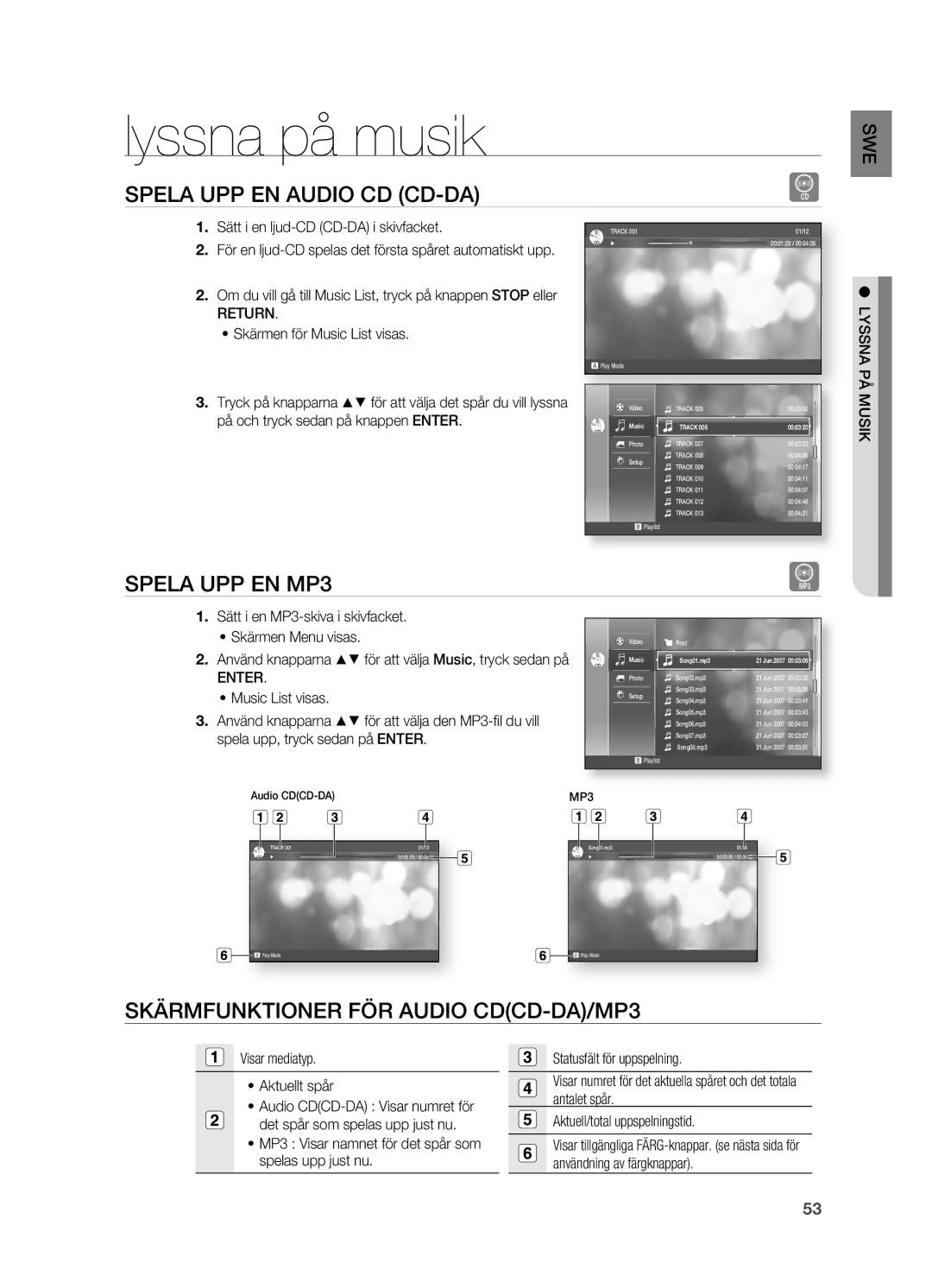 Samsung HT-BD2R/XEE Lyssna på musik, Spela UPP EN Audio CD CD-DA, Spela UPP EN MP3, Skärmfunktioner FÖR Audio CDCD-DA/MP3 