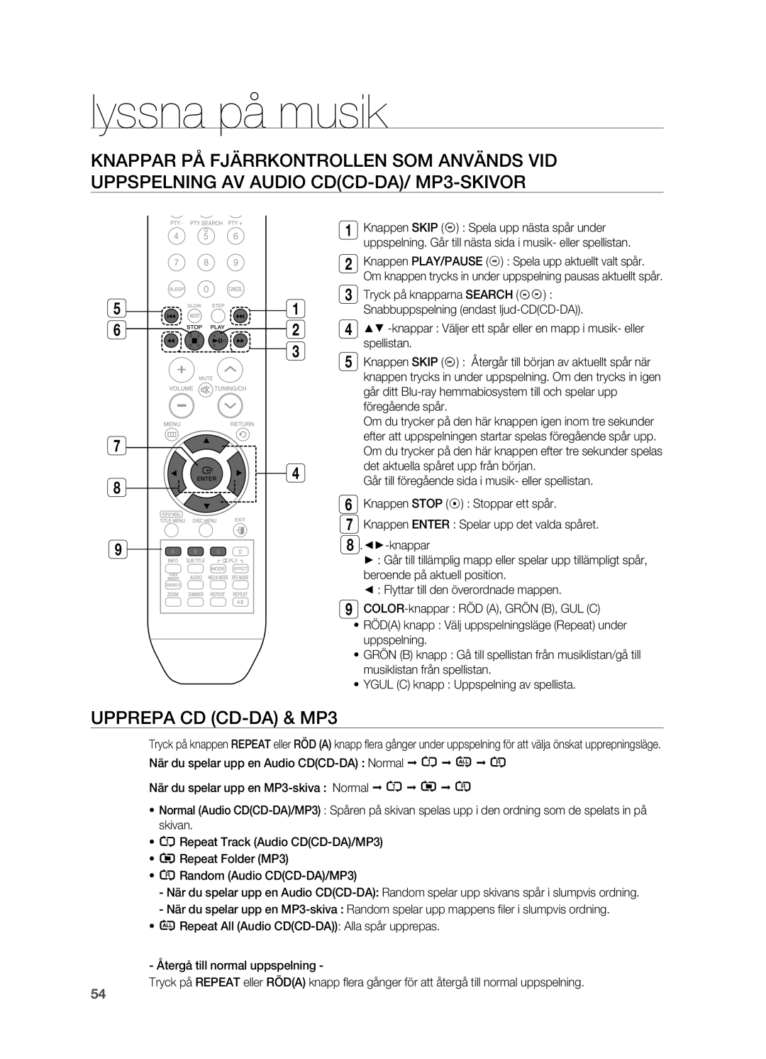 Samsung HT-BD2ER/XEE, HT-BD2R/XEE manual Upprepa CD CD-DA & MP3 