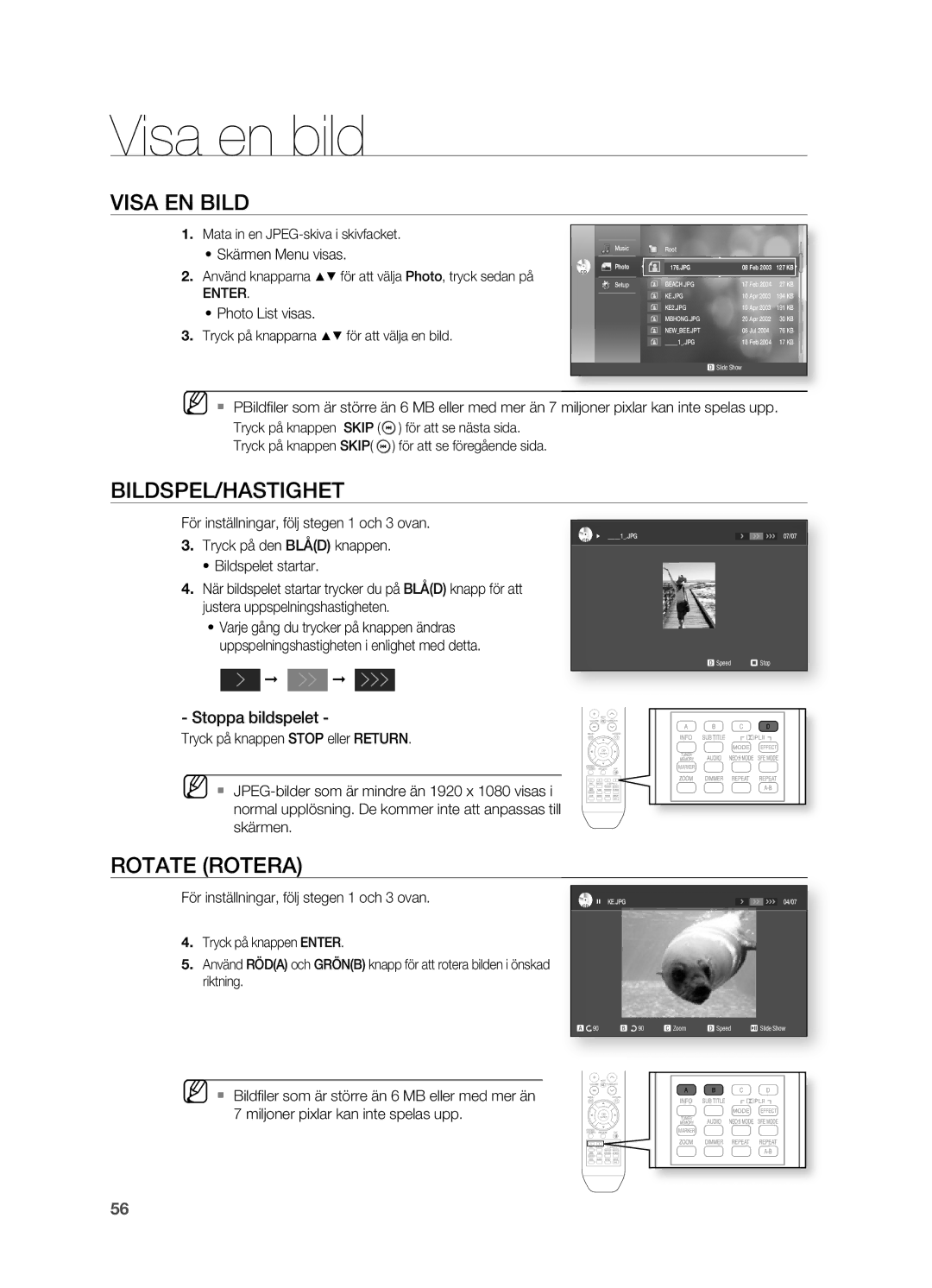 Samsung HT-BD2ER/XEE, HT-BD2R/XEE manual Visa en bild, Visa EN Bild, BILDSPEL/HASTIgHET, Rotate Rotera, Stoppa bildspelet 