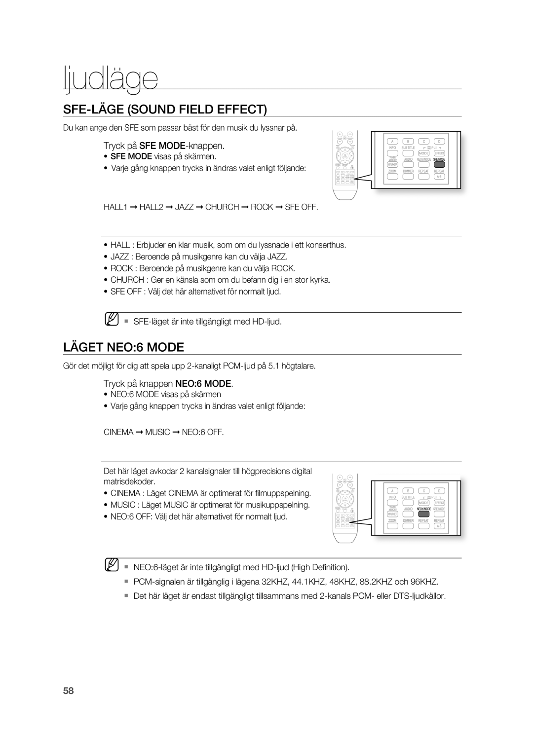 Samsung HT-BD2ER/XEE, HT-BD2R/XEE manual Ljudläge, SFE-LägE Sound Field Effect, LägET NEO6 Mode, Tryck på SFE MODE-knappen 