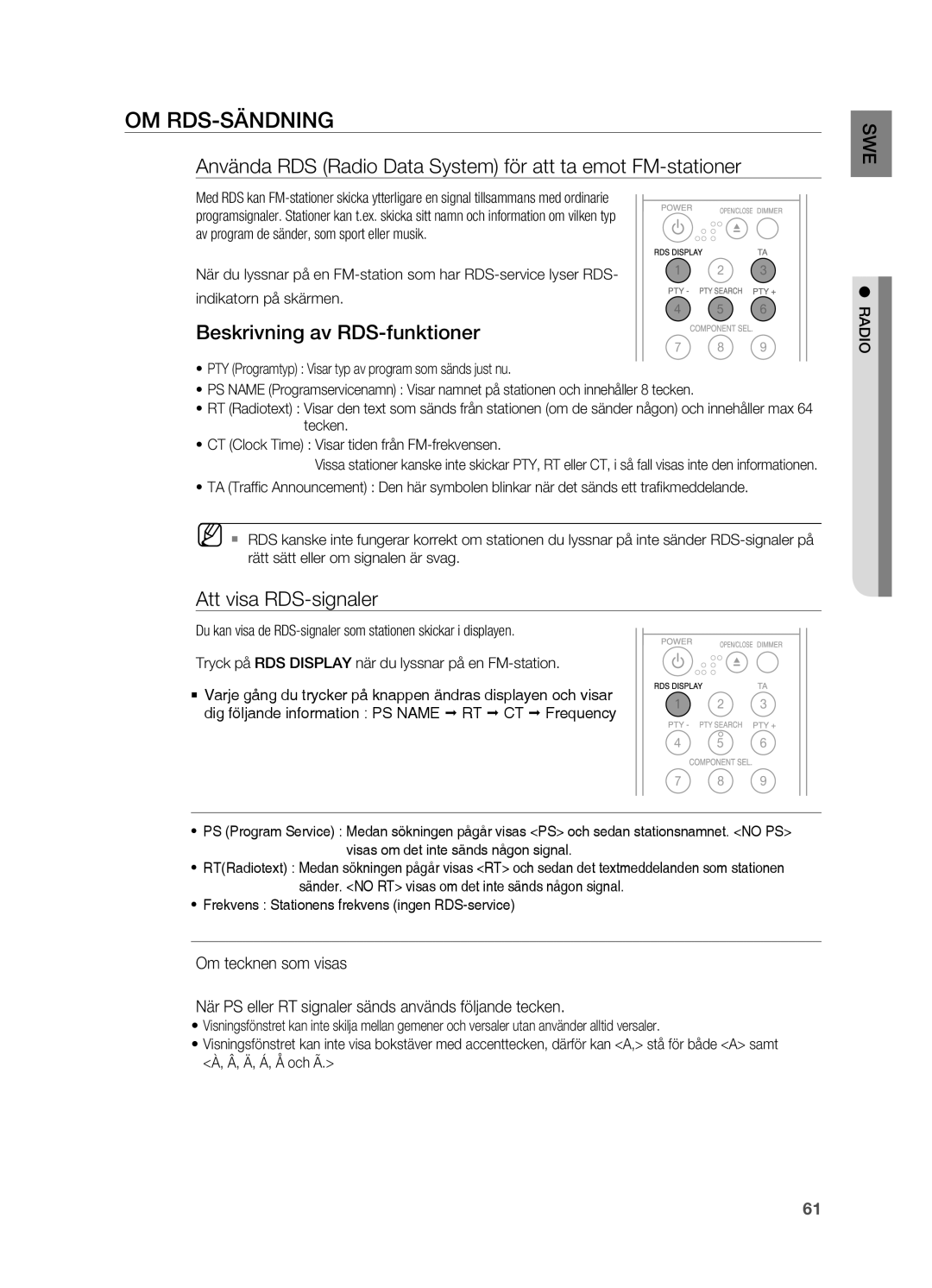 Samsung HT-BD2R/XEE Om RDS-sändning, Använda RDS Radio Data System för att ta emot FM-stationer, Att visa RDS-signaler 