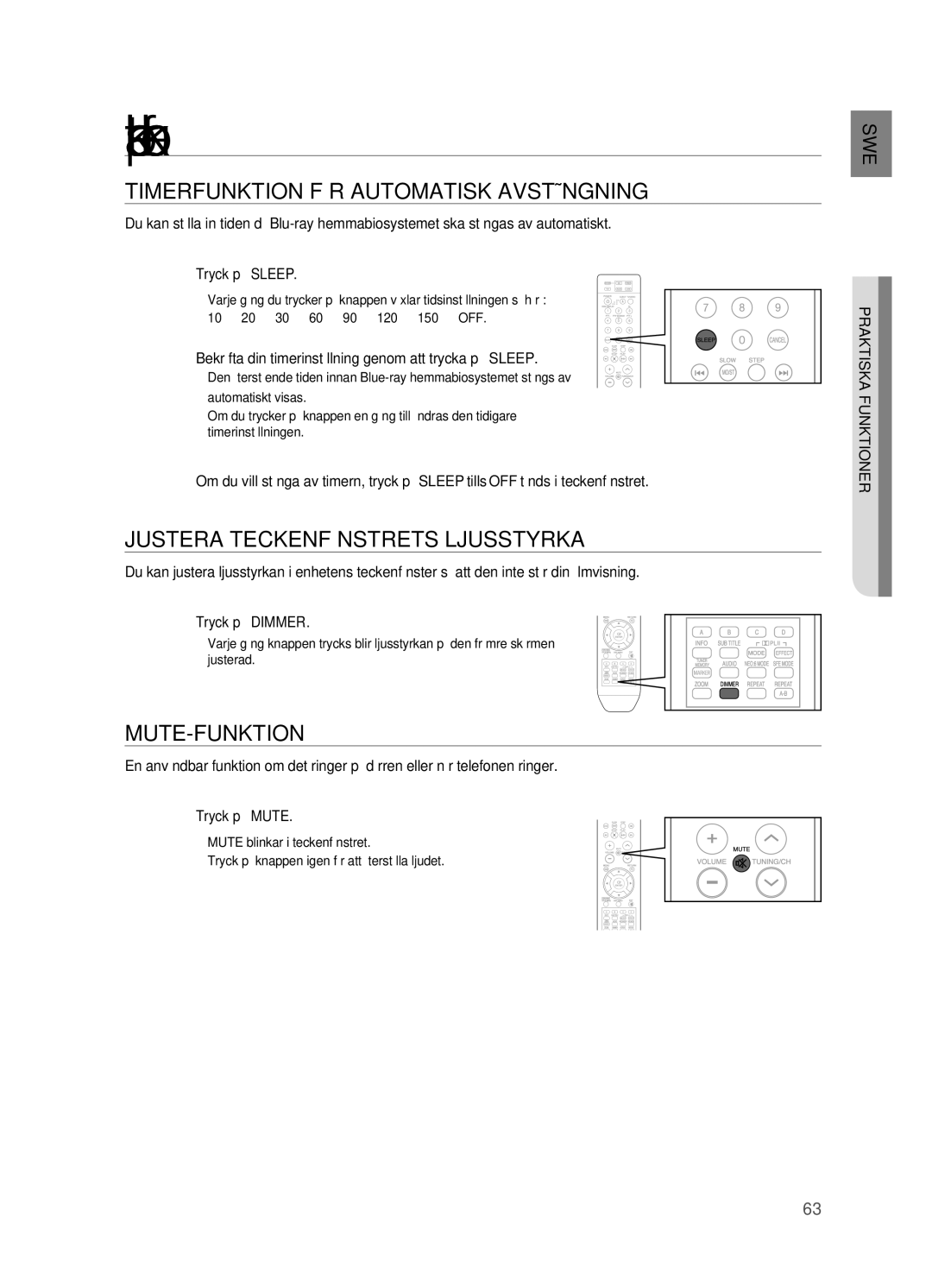 Samsung HT-BD2R/XEE Praktiska funktioner, Timerfunktion FÖR Automatisk Avstängning, Justera Teckenfönstrets Ljusstyrka 