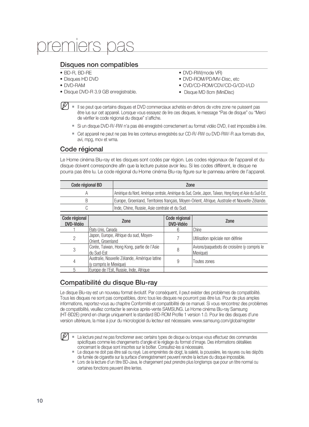 Samsung HT-BD2ER/XEF manual Disques non compatibles, Code régional, Compatibilité du disque Blu-ray, Dvd-Ram 