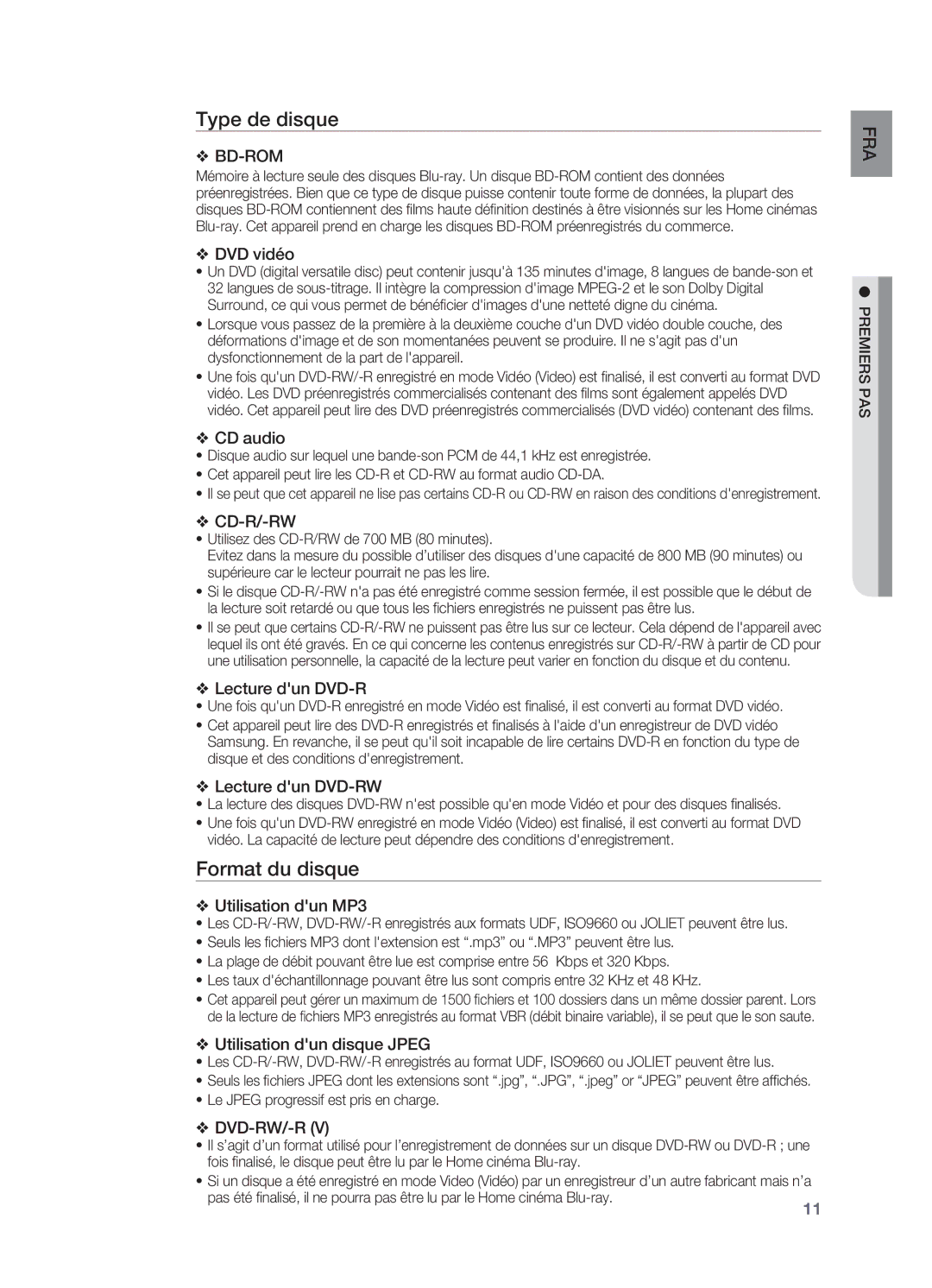 Samsung HT-BD2ER/XEF manual Type de disque, Format du disque 