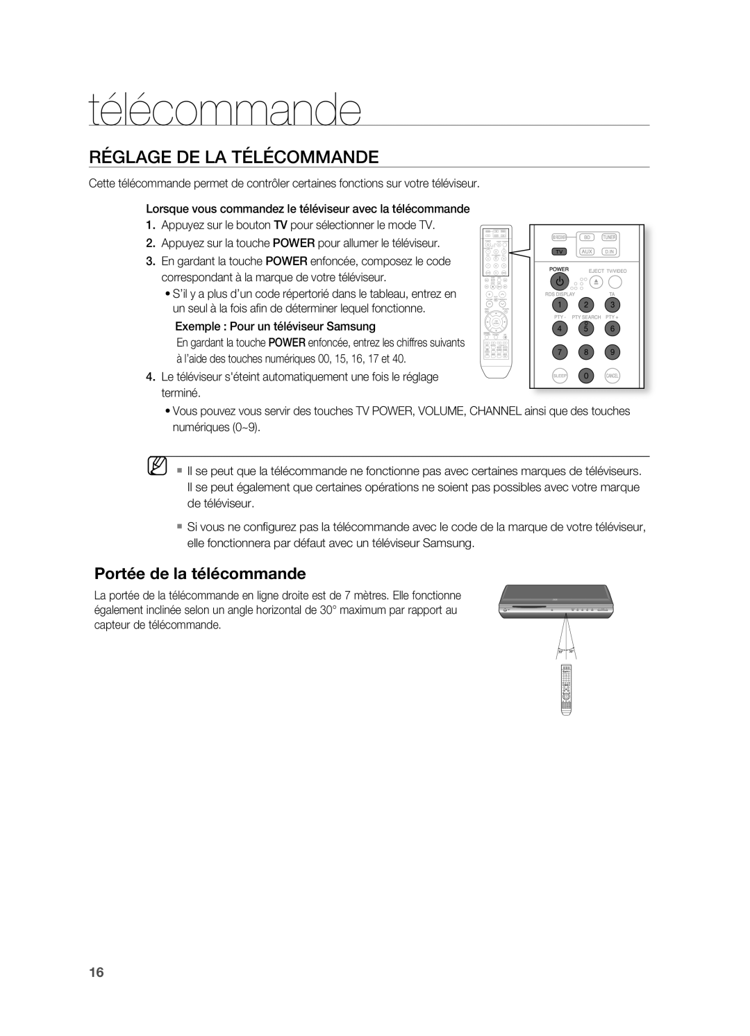 Samsung HT-BD2ER/XEF manual Réglage DE LA TÉLÉCOMMAnDE, Exemple Pour un téléviseur Samsung 