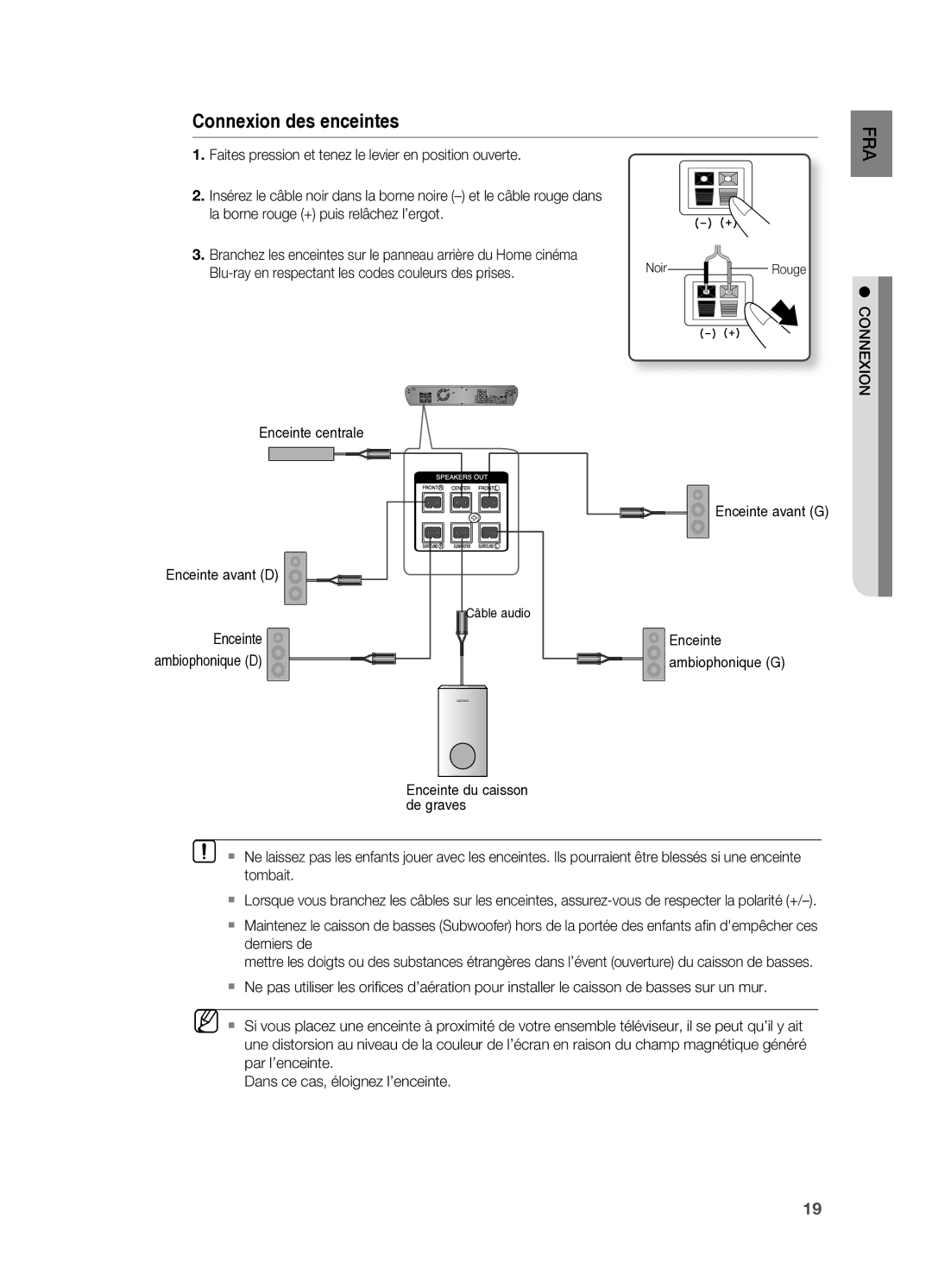 Samsung HT-BD2ER/XEF manual Faites pression et tenez le levier en position ouverte, La borne rouge + puis relâchez l’ergot 