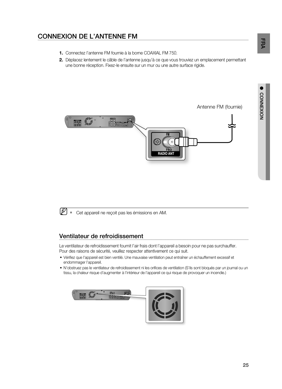 Samsung HT-BD2ER/XEF manual Connexion de l’antenne FM, Ventilateur de refroidissement, Antenne FM fournie 