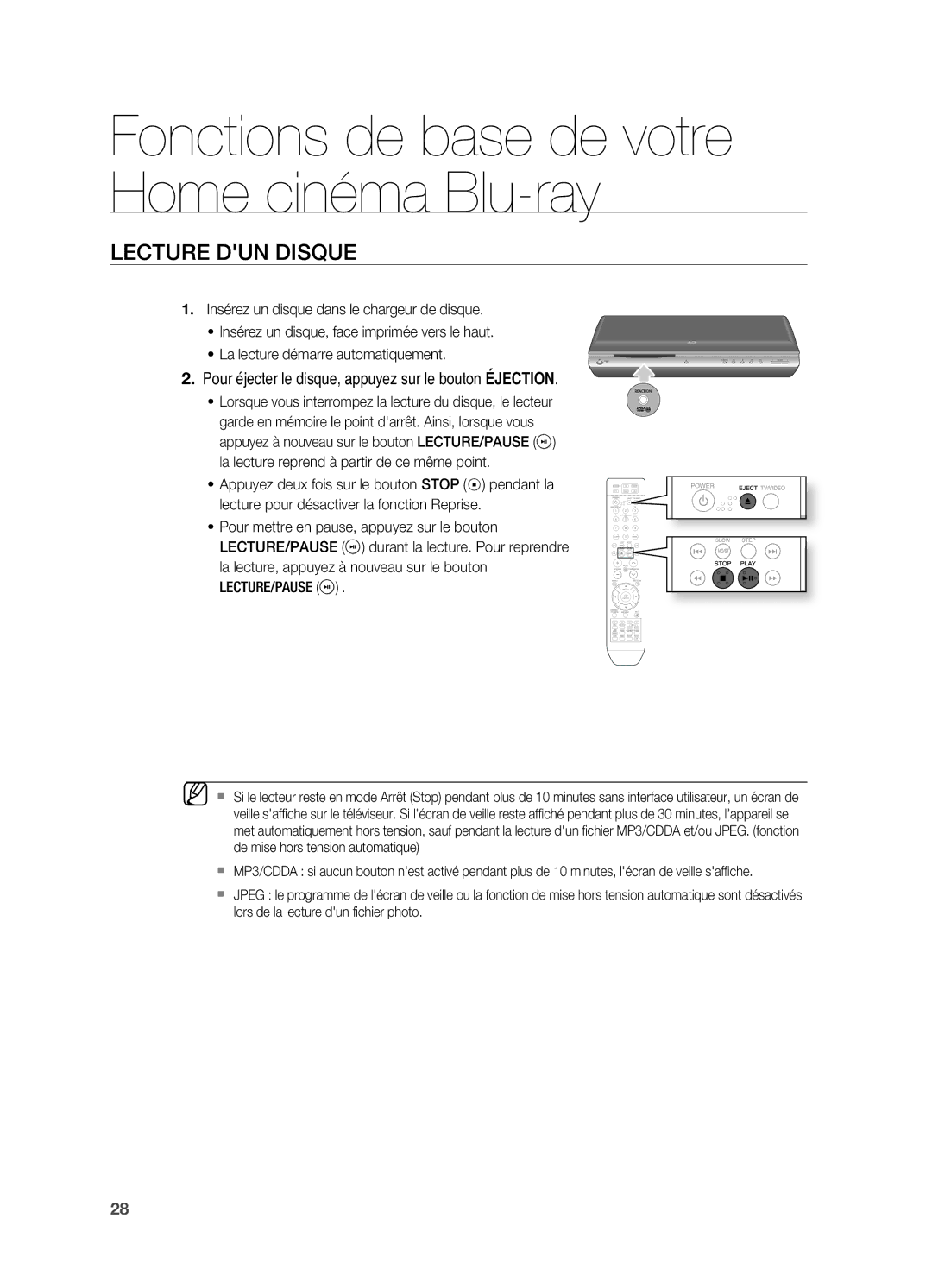 Samsung HT-BD2ER/XEF manual Lecture DUn Disque, . Pour éjecter le disque, appuyez sur le bouton Éjection 