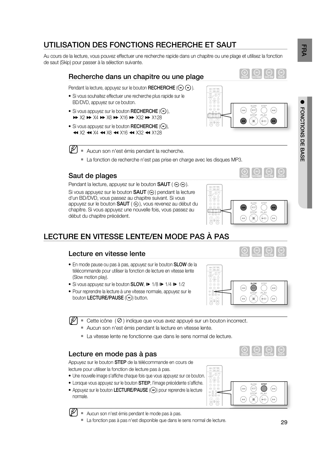 Samsung HT-BD2ER/XEF manual UTILISATIOn DES FOnCTIOnS Recherche ET Saut, Lecture En Vitesse LEnTE/En Mode PAS À PAS 