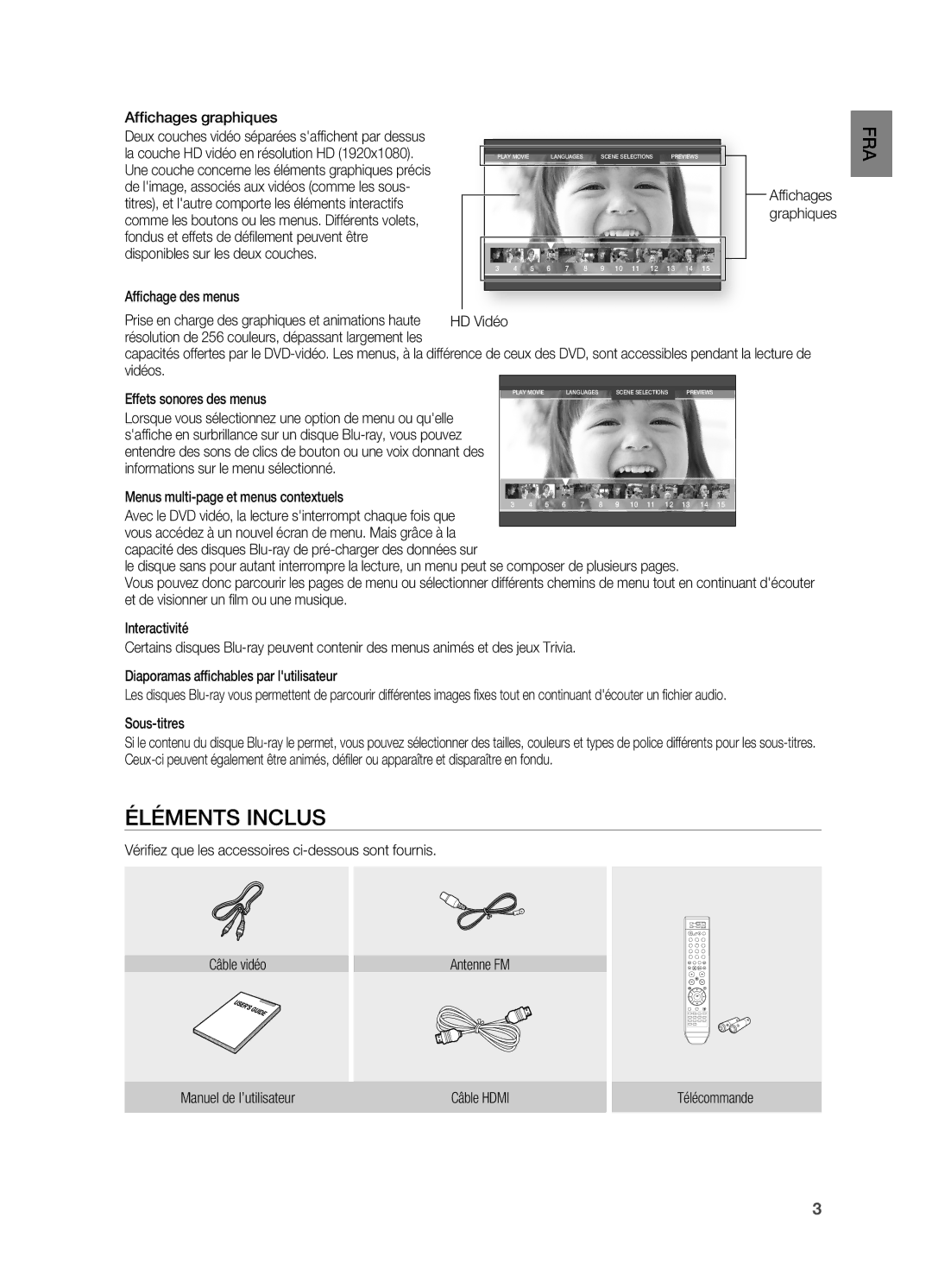 Samsung HT-BD2ER/XEF ÉLÉMEnTS InCLUS, Affichages graphiques, Affichage des menus, Effets sonores des menus, Sous-titres 