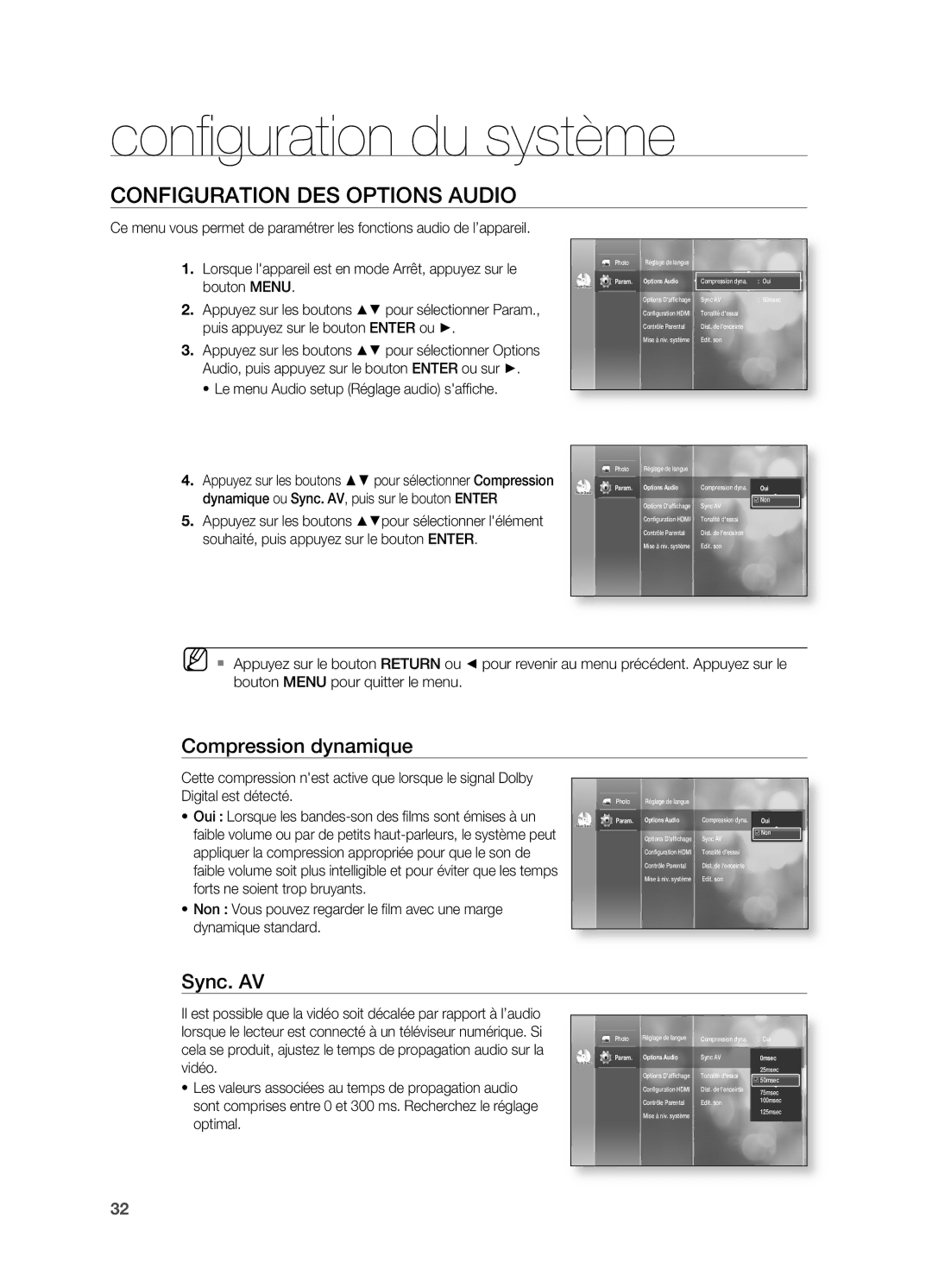 Samsung HT-BD2ER/XEF manual Confi guration du système, COnFIGURATIOn DES OPTIOnS Audio, Compression dynamique, Sync. AV 