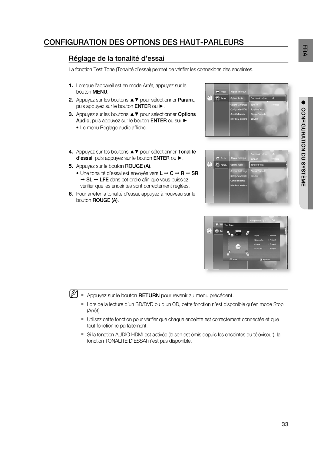 Samsung HT-BD2ER/XEF manual COnFIGURATIOn DES OPTIOnS DES HAUT-PARLEURS, Réglage de la tonalité d’essai 