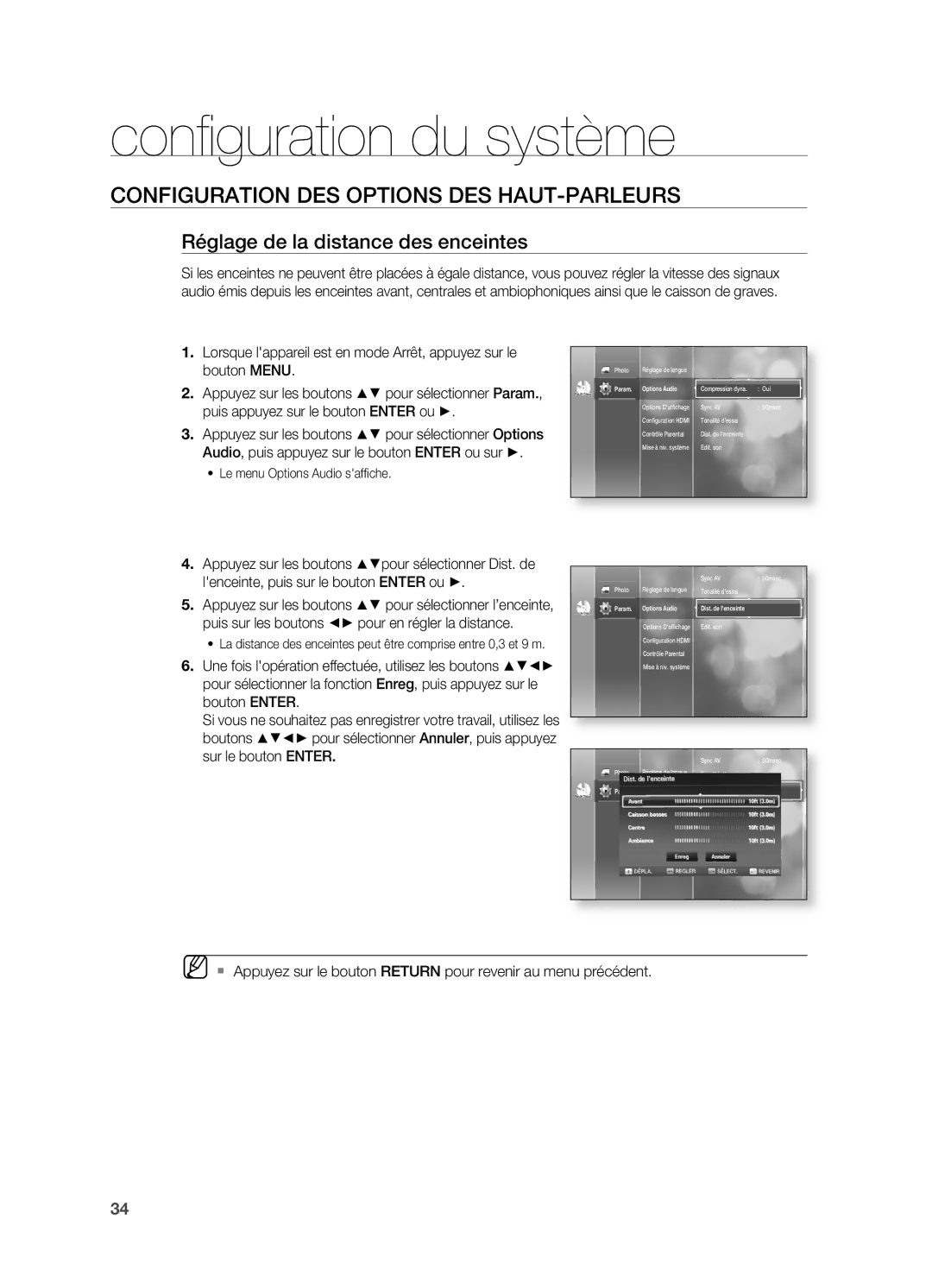 Samsung HT-BD2ER/XEF manual Réglage de la distance des enceintes, Param Options Audio Dist. de lenceinte 