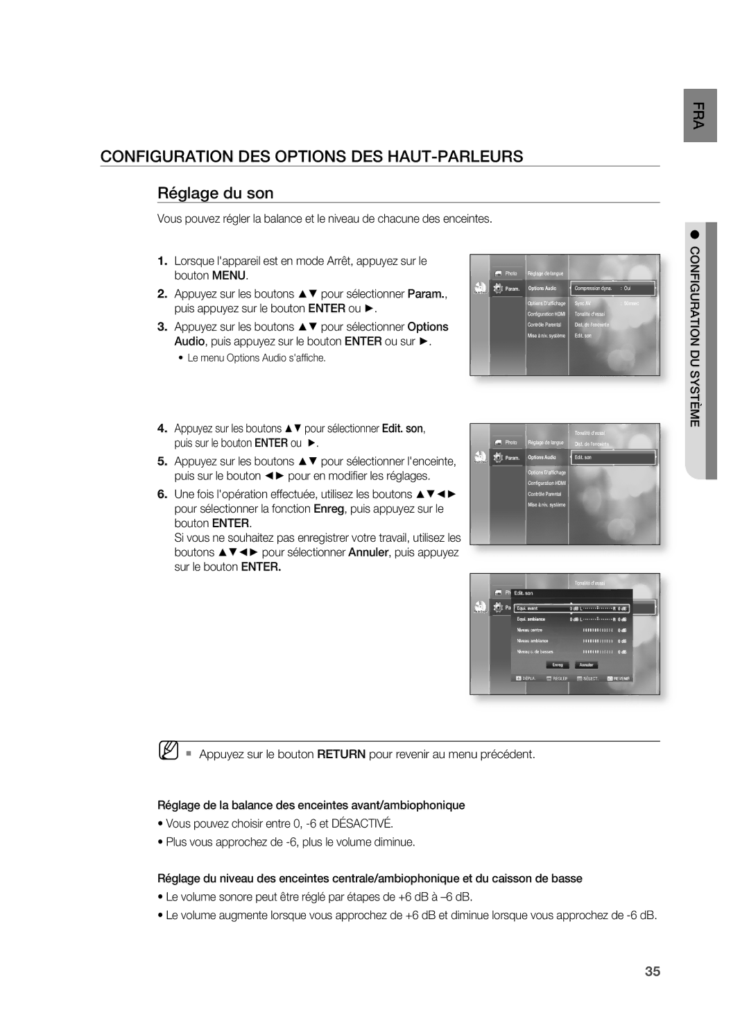 Samsung HT-BD2ER/XEF manual COnFIGURATIOn DES OPTIOnS DES HAUT-PARLEURS Réglage du son, Param Options Audio 