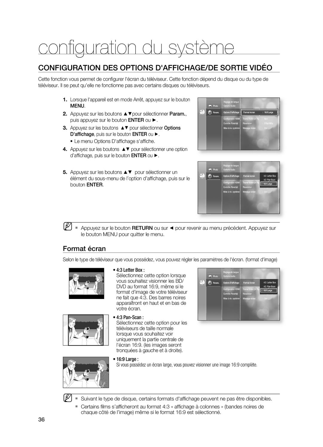 Samsung HT-BD2ER/XEF manual COnFIGURATIOn DES OPTIOnS DAFFICHAGE/DE Sortie Vidéo, Format écran 