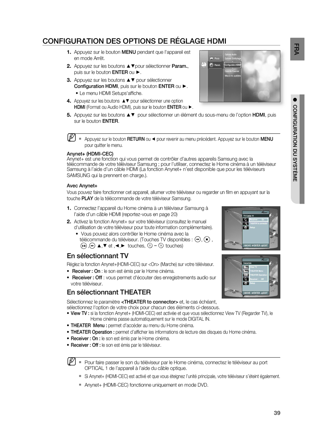 Samsung HT-BD2ER/XEF manual COnFIGURATIOn DES OPTIOnS DE Réglage Hdmi, En sélectionnant TV, En sélectionnant Theater 