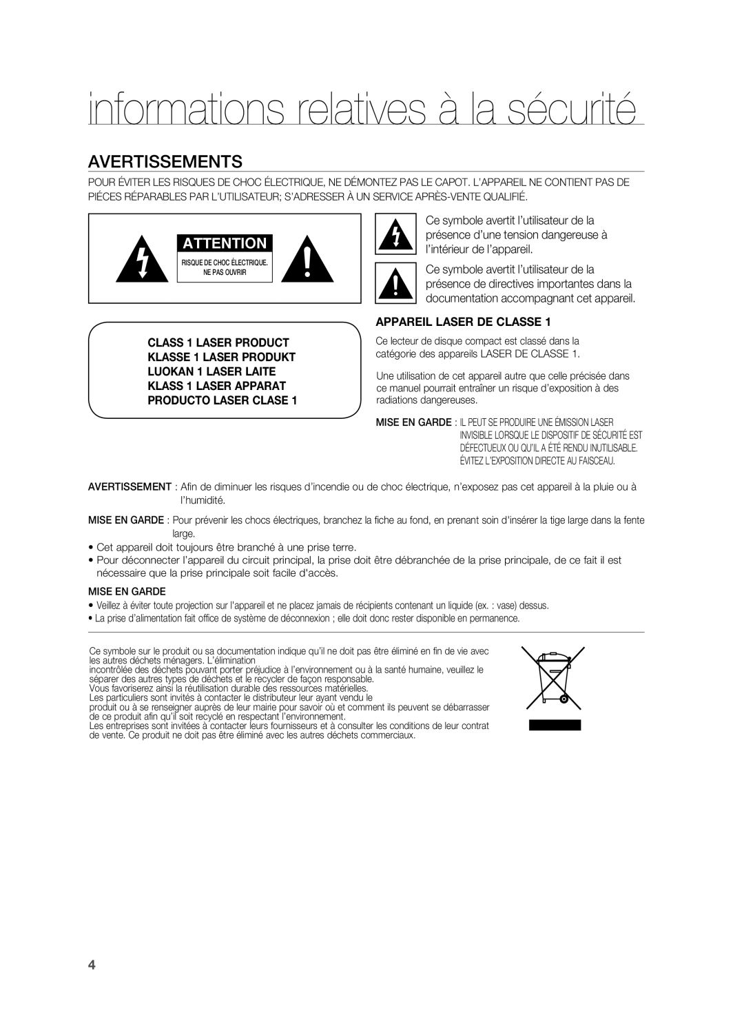 Samsung HT-BD2ER/XEF manual Informations relatives à la sécurité, Avertissements 