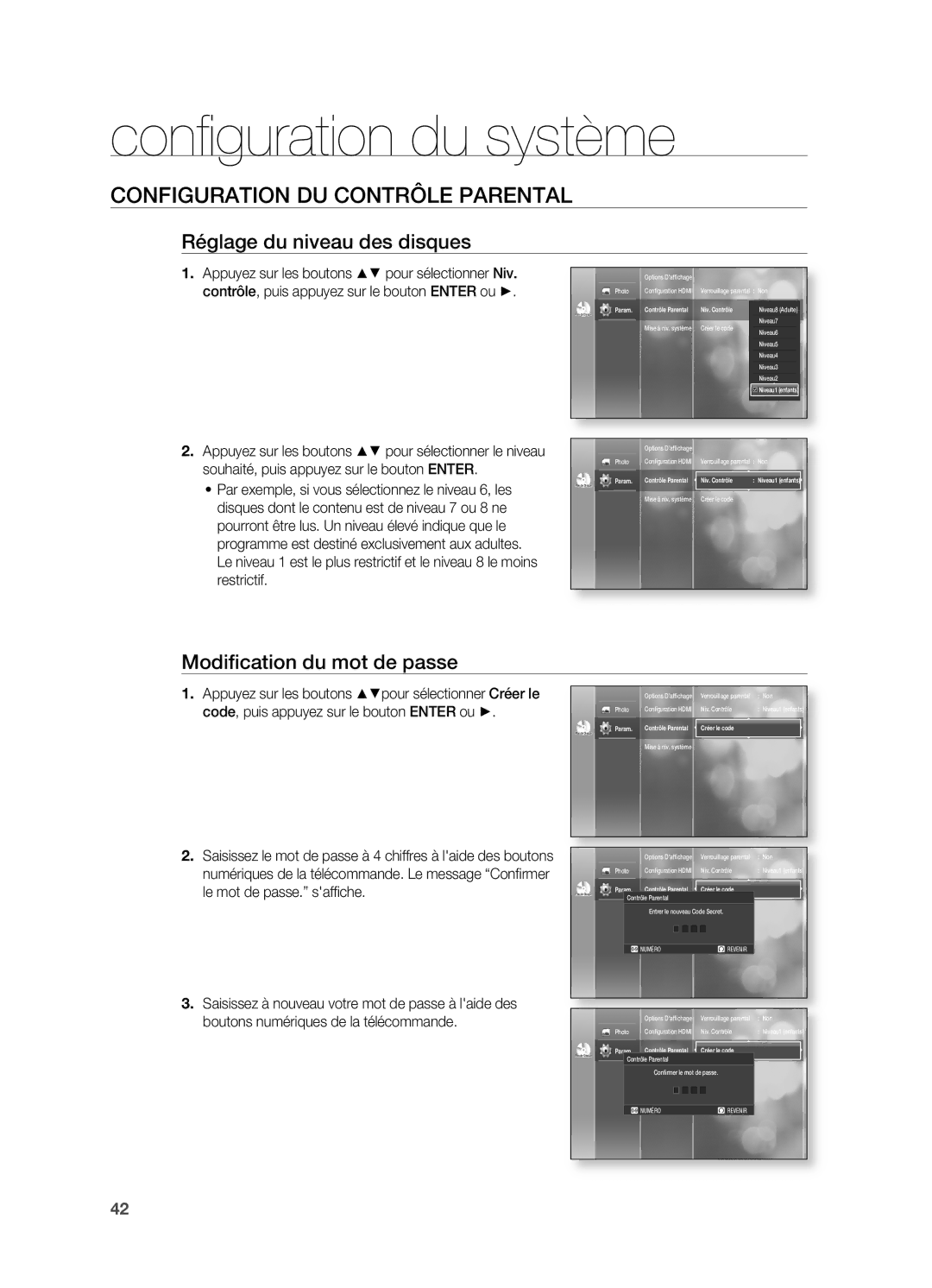 Samsung HT-BD2ER/XEF manual Réglage du niveau des disques, Modifi cation du mot de passe, Niv. Contrôle, Créer le code 