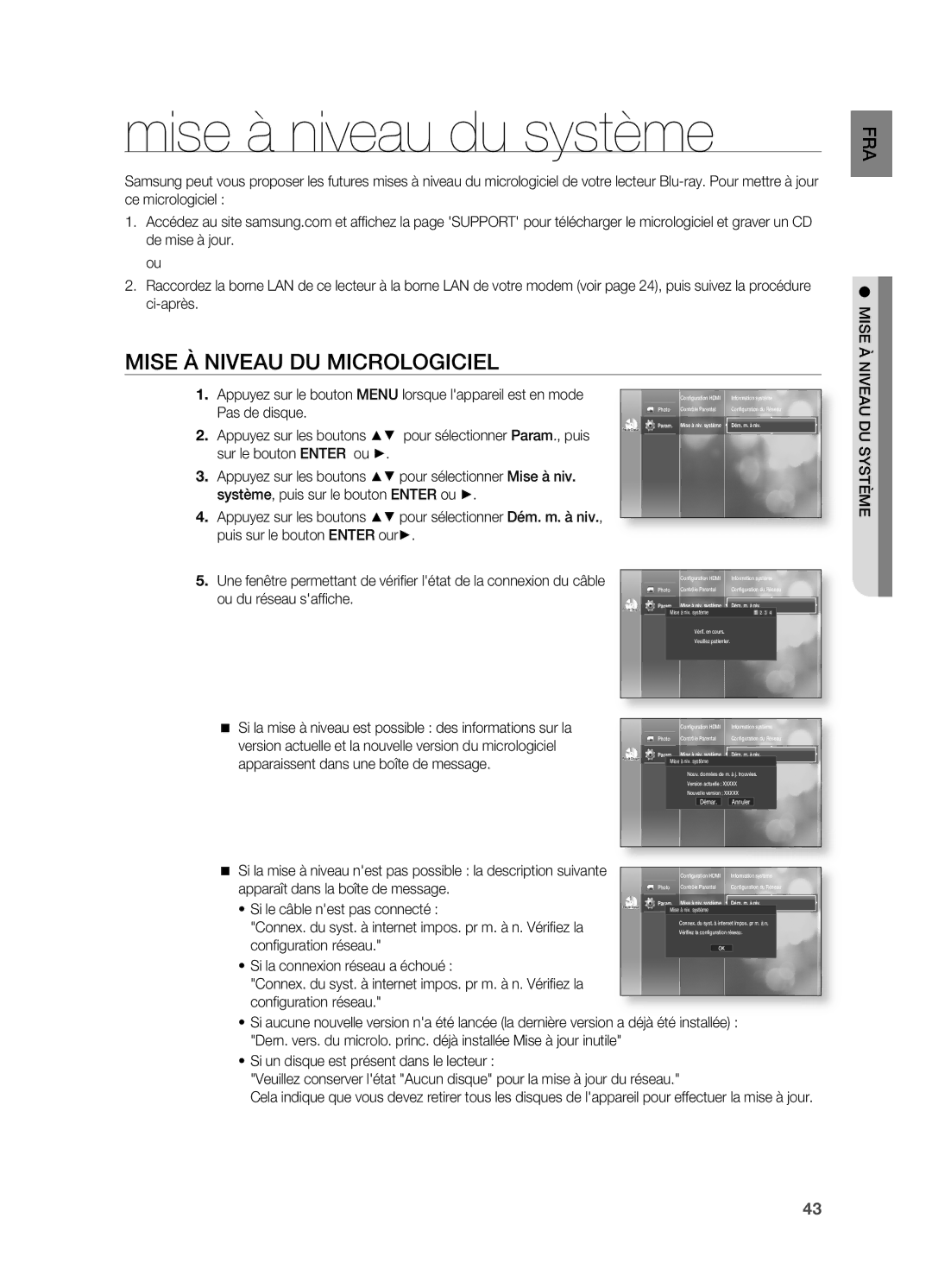 Samsung HT-BD2ER/XEF manual Mise à niveau du système, Mise À nIVEAU DU Micrologiciel 