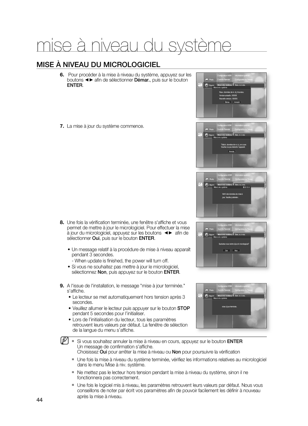 Samsung HT-BD2ER/XEF manual Secondes, Pendant 5 secondes pour l’initialiser,  après la mise à niveau 