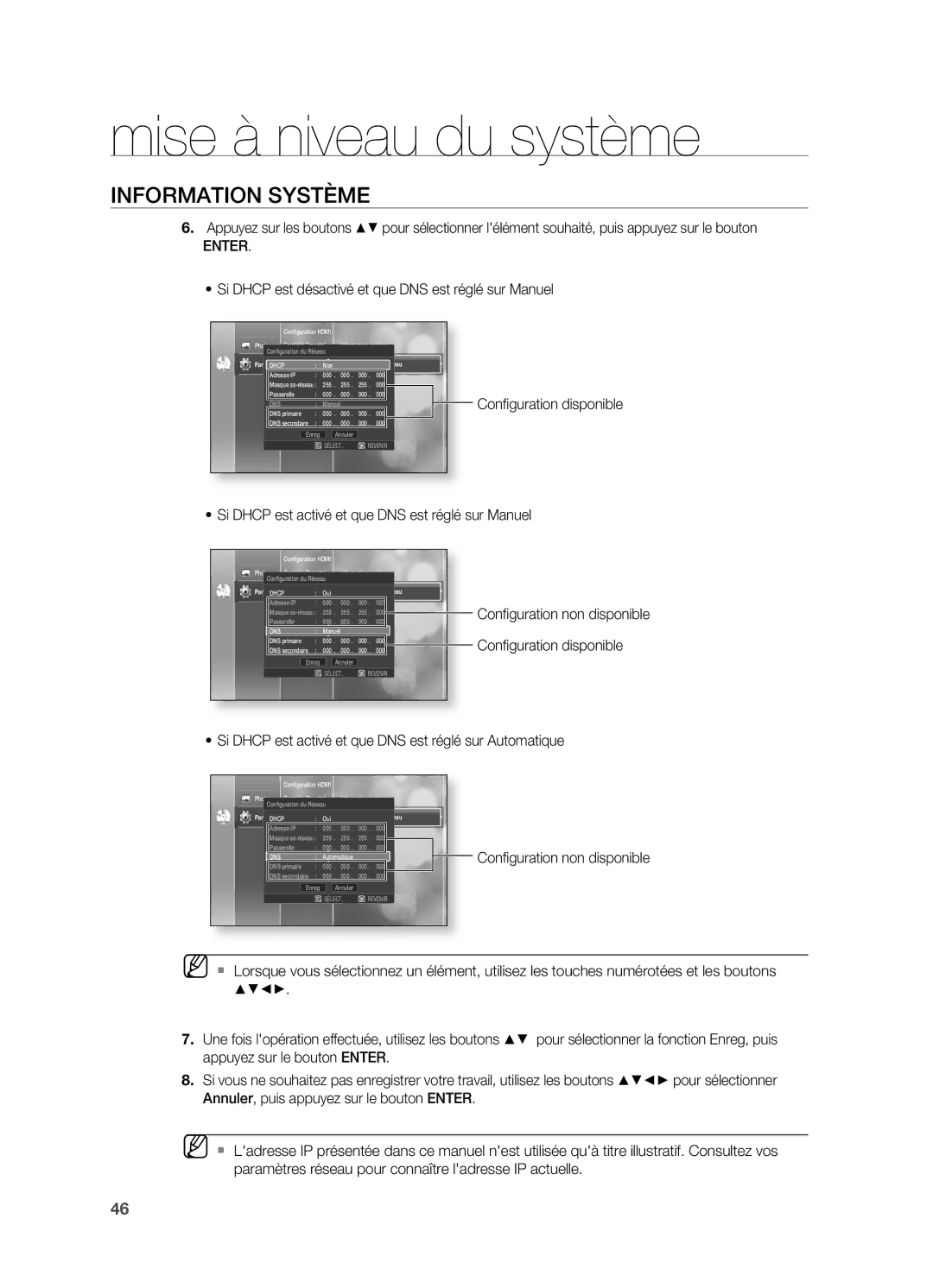 Samsung HT-BD2ER/XEF manual Si Dhcp est activé et que DNS est réglé sur Manuel, Conﬁguration du Réseau 