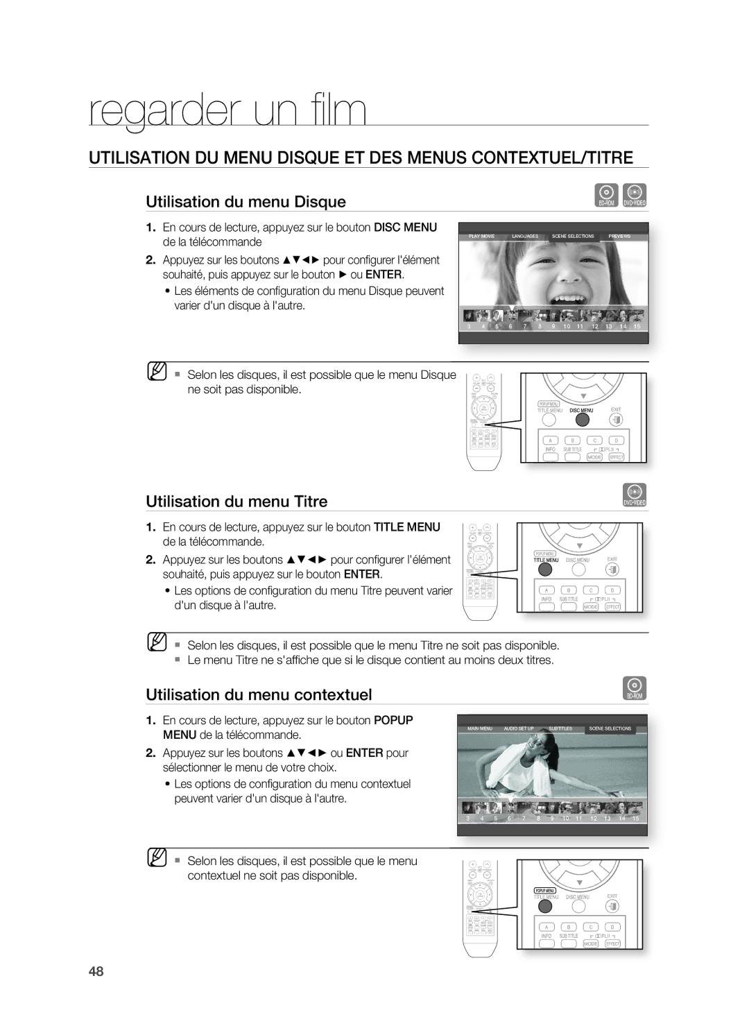 Samsung HT-BD2ER/XEF manual Regarder un fi lm, UTILISATIOn DU MEnU Disque ET DES MEnUS COnTExTUEL/TITRE 