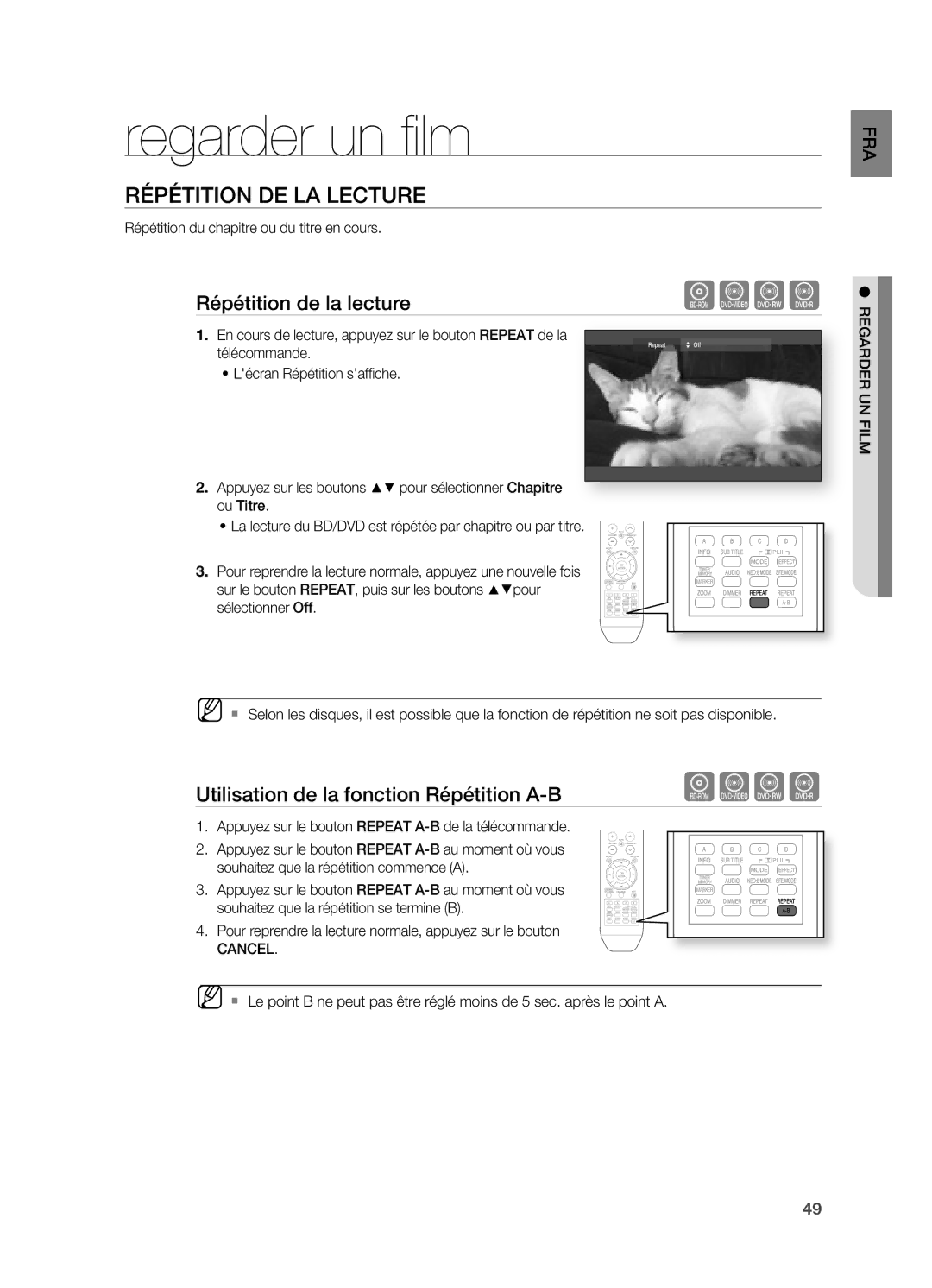 Samsung HT-BD2ER/XEF manual RÉPÉTITIOn DE LA Lecture, Utilisation de la fonction Répétition A-B, Télécommande 