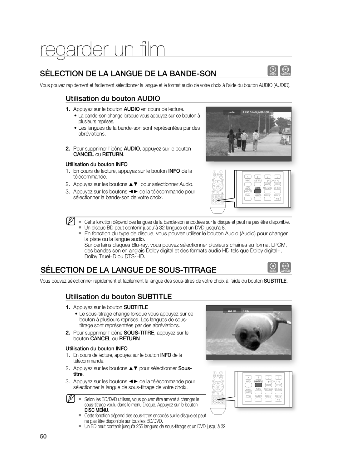 Samsung HT-BD2ER/XEF manual SÉLECTIOn DE LA LAnGUE DE LA BAnDE-SOn, SÉLECTIOn DE LA LAnGUE DE SOUS-TITRAGE 