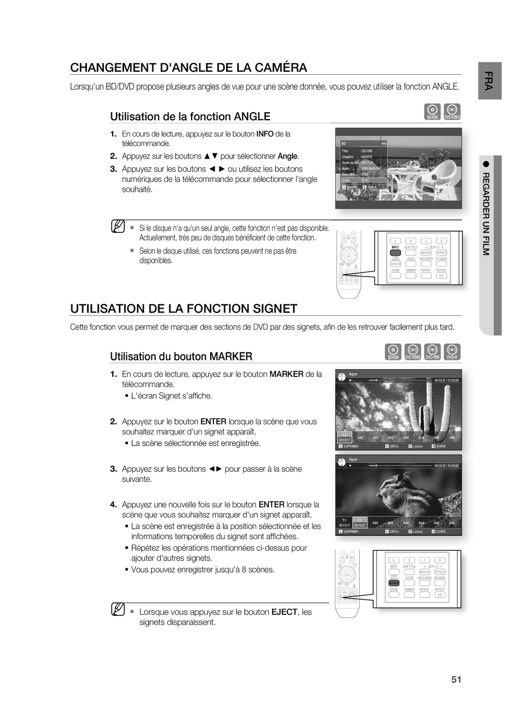 Samsung HT-BD2ER/XEF manual CHAnGEMEnT DAnGLE DE LA Caméra, UTILISATIOn DE LA FOnCTIOn SIGnET, Utilisation du bouton Marker 