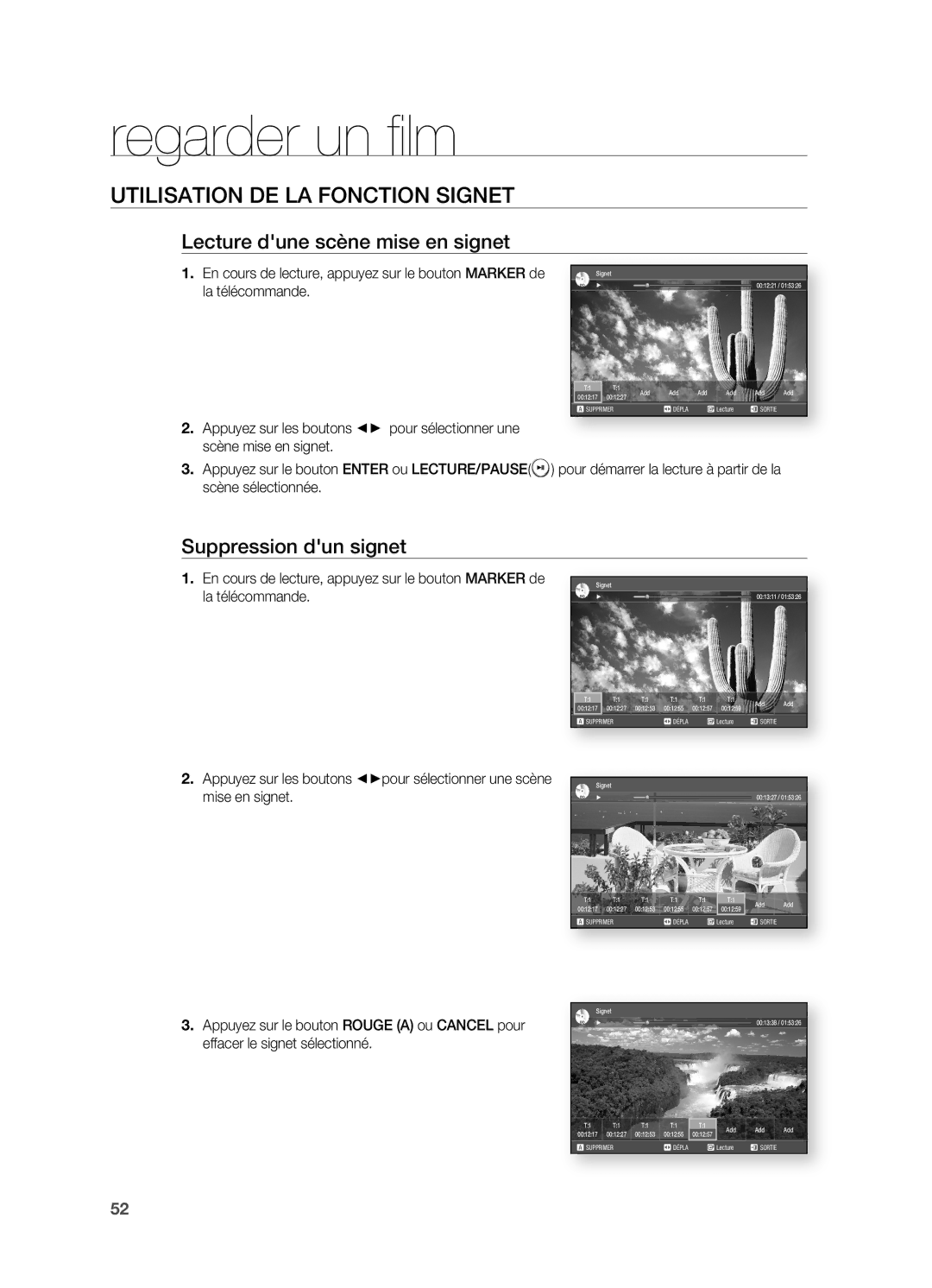 Samsung HT-BD2ER/XEF manual Lecture dune scène mise en signet, Suppression dun signet 