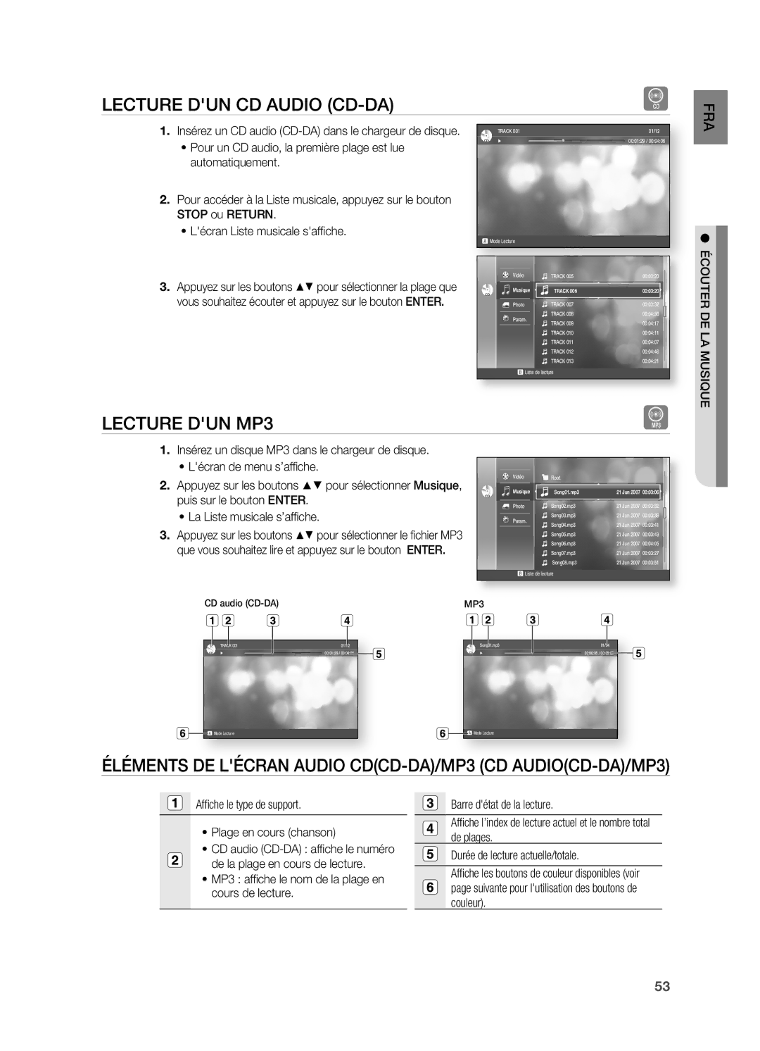 Samsung HT-BD2ER/XEF manual Lecture DUn CD Audio CD-DA, Lecture DUn MP3, ÉLÉMEnTS DE LÉCRAn Audio CDCD-DA/MP3, Musique 