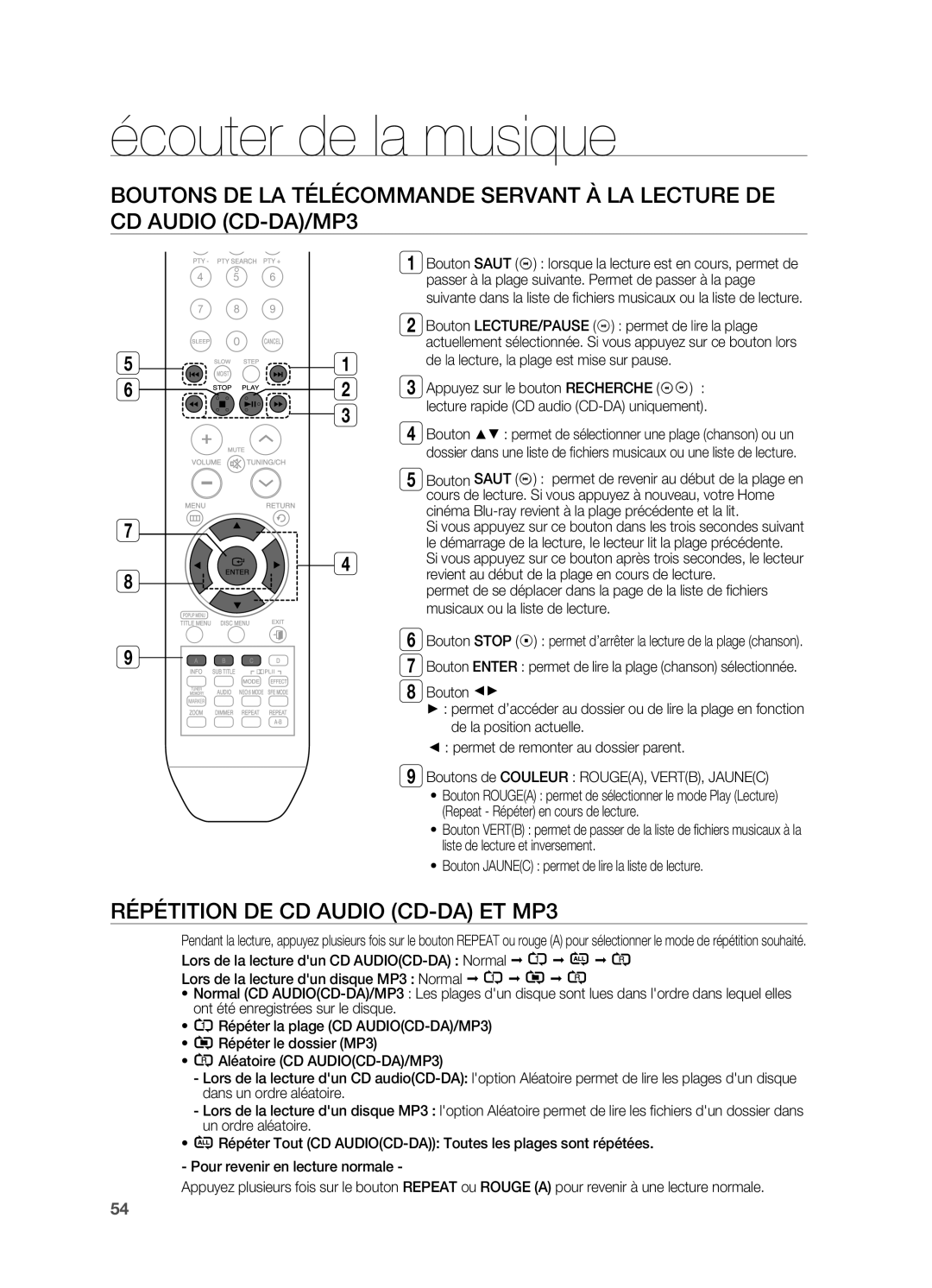 Samsung HT-BD2ER/XEF manual Écouter de la musique, Répétition DE CD Audio CD-DA et MP3 